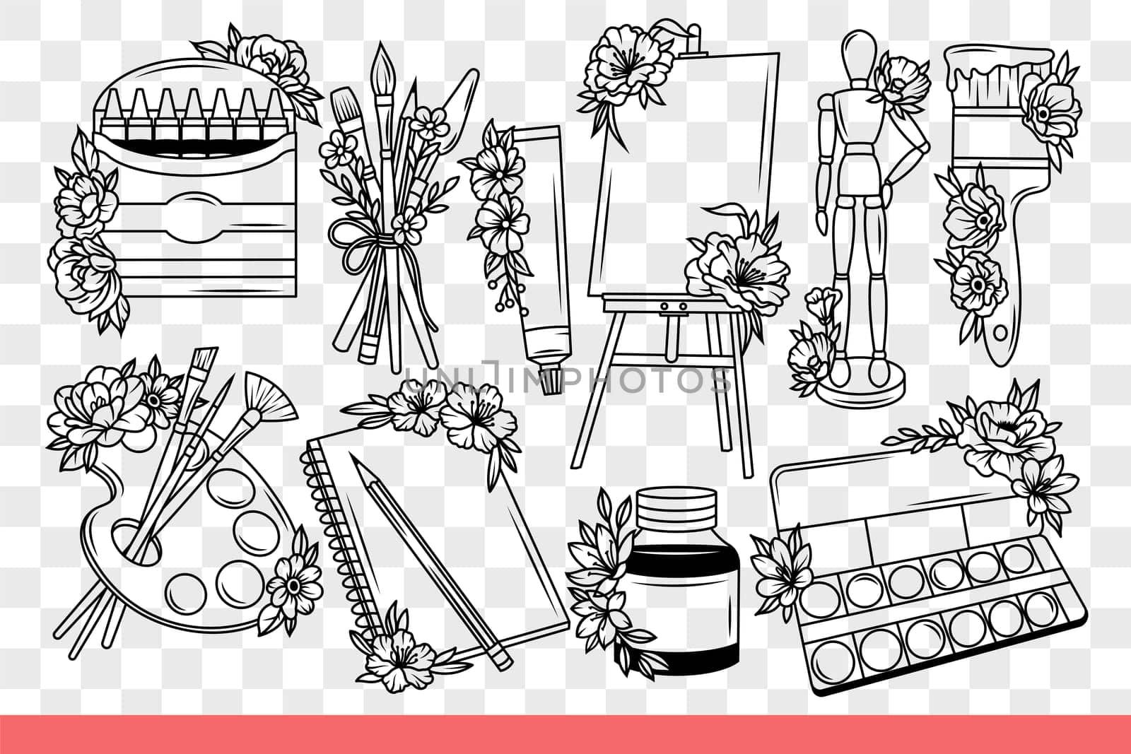 Set for professional artist or creative person who loves to draw pictures. Markers for artist and colored pencils or palette near notepad for drawing sketches of future art masterpieces. Hand drawn.