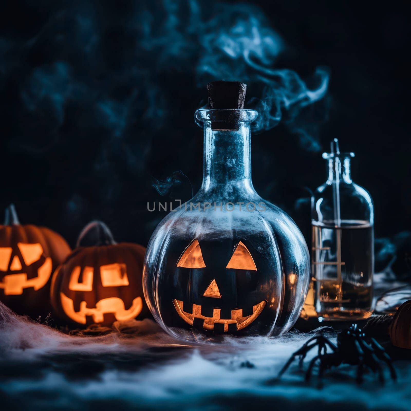 Glowing jack-o-lanterns surround a glass flask filled with an eerie potion, shrouded in smoke. This spooky arrangement captures the essence of Halloween celebrations and creativity.
