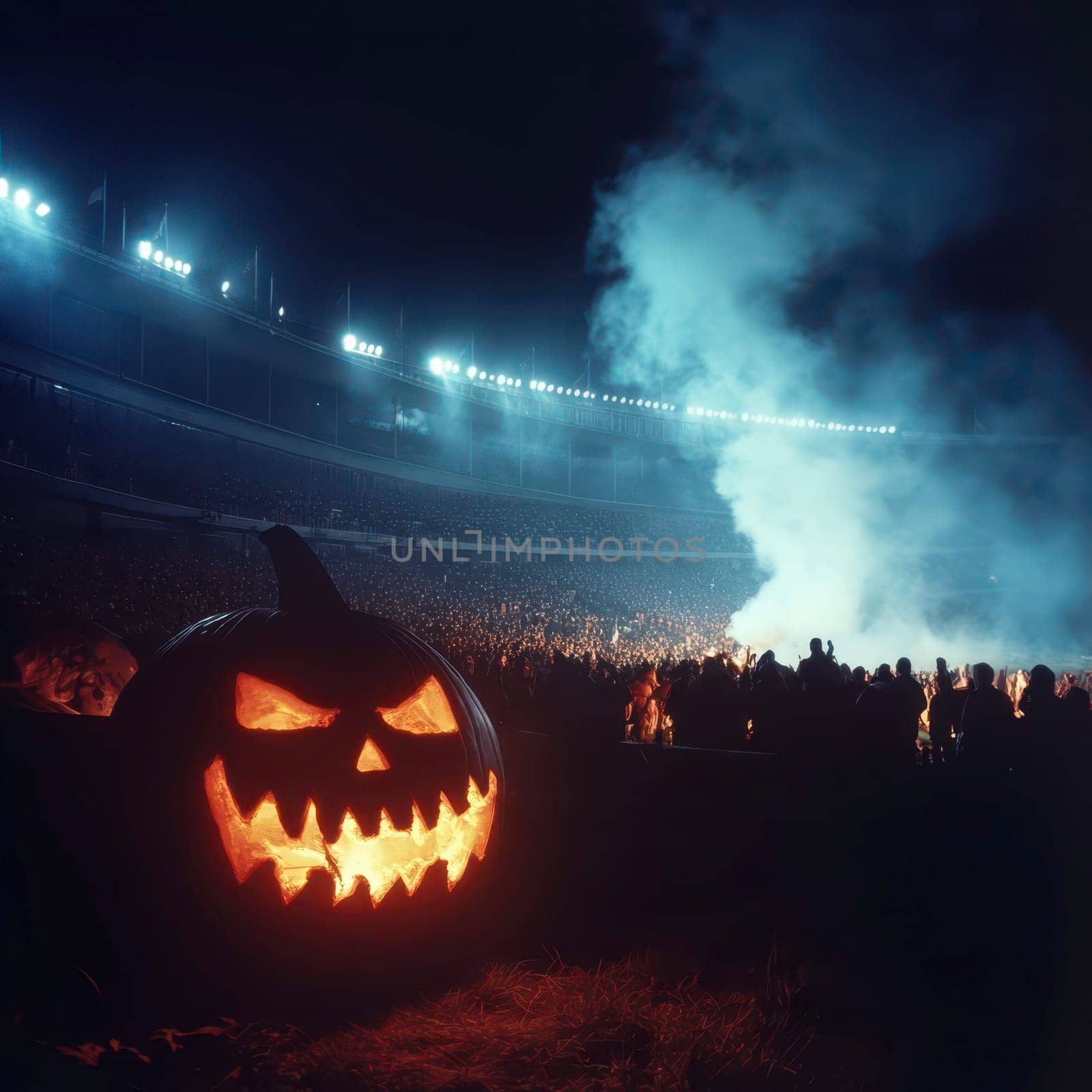 A large, menacing jack-o-lantern illuminates the dark, filled stadium, with crowds gathered around enjoying a lively Halloween celebration, highlighted by colorful lights and smoke.