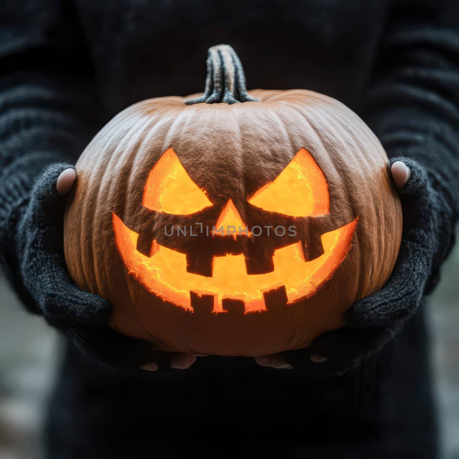 This scene features an individual wearing a black sweater and gloves, carefully holding a glowing jack-o-lantern with a mischievous expression, set against an autumn backdrop.