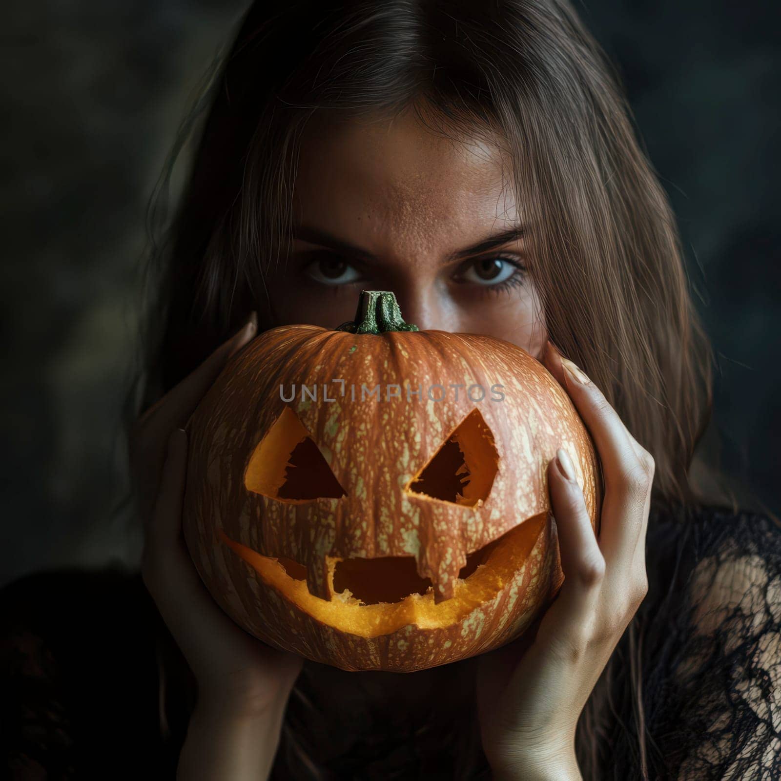 A young woman holds a lit jack-o-lantern close to her face, showcasing intricate carvings while the warm glow illuminates her features during a Halloween celebration.
