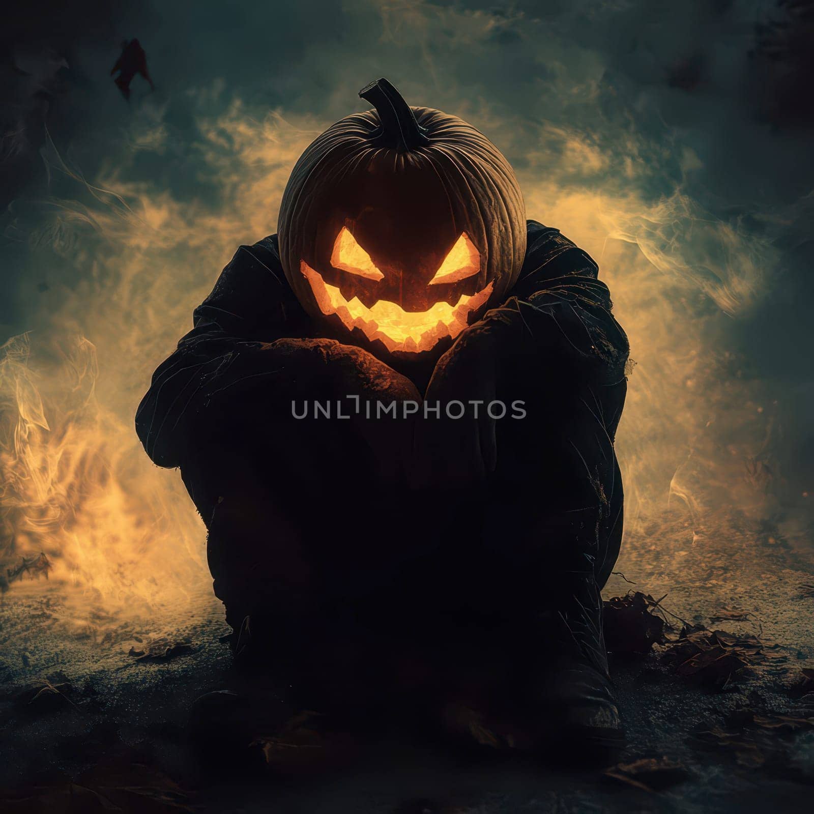 A carved pumpkin emits an eerie glow in the darkness, illuminating a crouched figure. The atmosphere is filled with fog, enhancing the spooky Halloween ambiance.