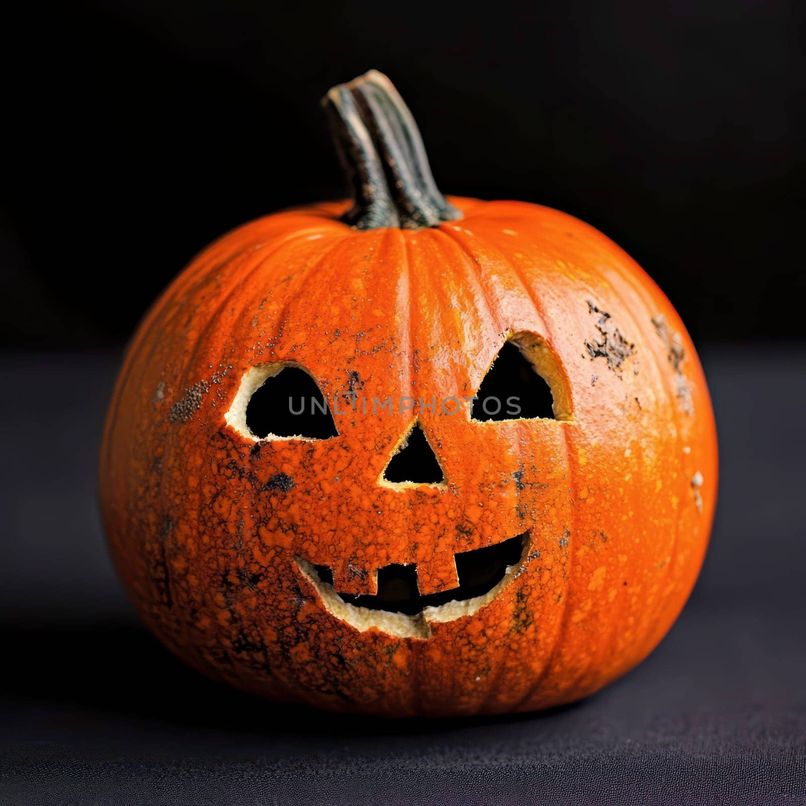 A bright orange pumpkin is carved with a smiling face, featuring two triangular eyes and a wide grin. It stands against a dark background, highlighting Halloween festivities and traditions.