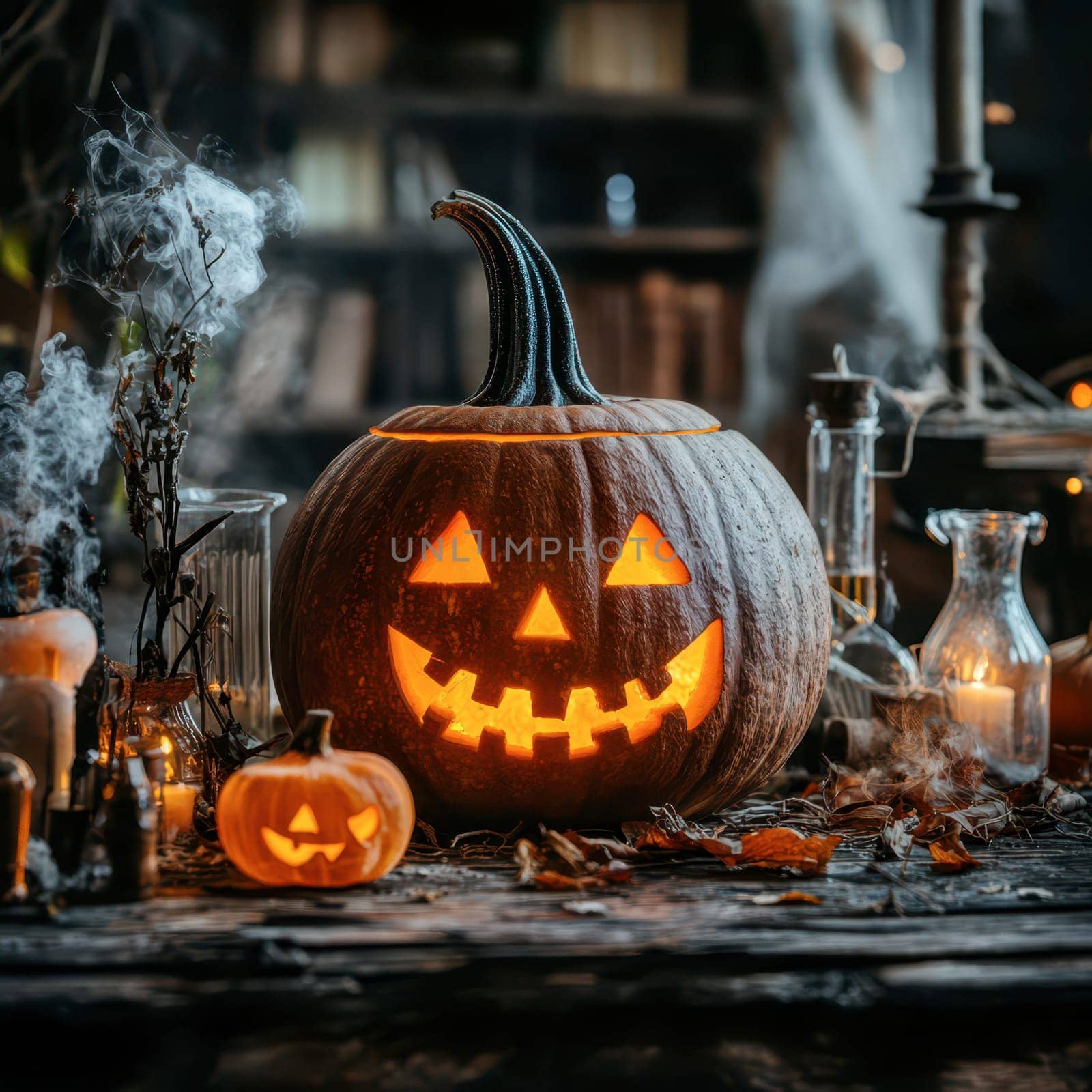 A collection of carved pumpkins sits on a rustic table surrounded by autumn leaves and decorative glass jars. Flickering candlelight highlights their smiling faces in an eerie ambiance.