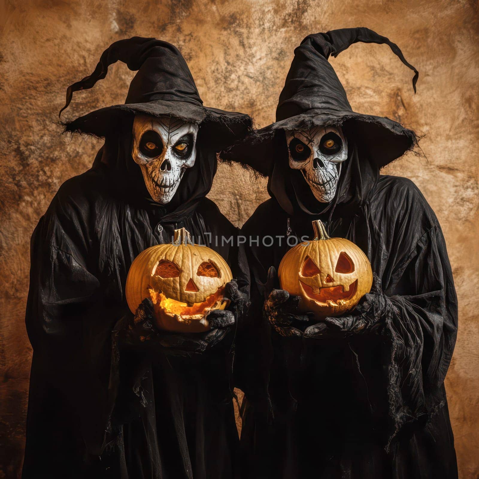 Two figures dressed as witches hold jack-o-lanterns in front of a textured backdrop. Their skull-like masks create an eerie atmosphere, perfect for a Halloween celebration.