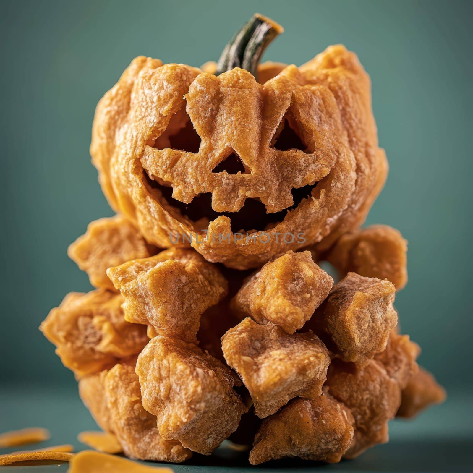 A carved pumpkin features a cheerful face, sitting atop a pile of golden-brown, deep-fried snacks. The festive arrangement captures the spirit of Halloween celebrations and indulgence.