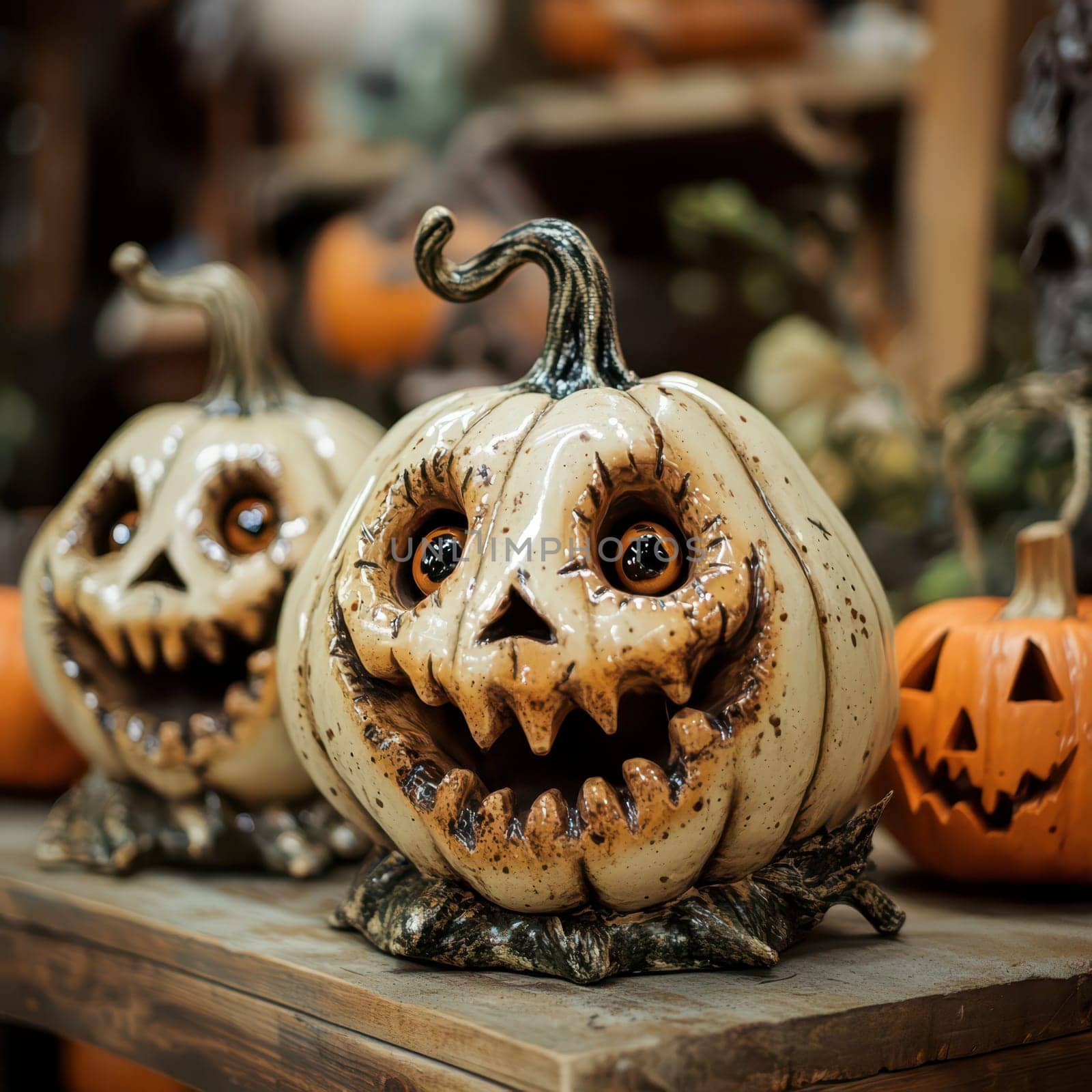 Two intricately carved pumpkins with eerie faces sit on a rustic wooden table, surrounded by various other Halloween decorations, creating a spooky yet festive atmosphere.