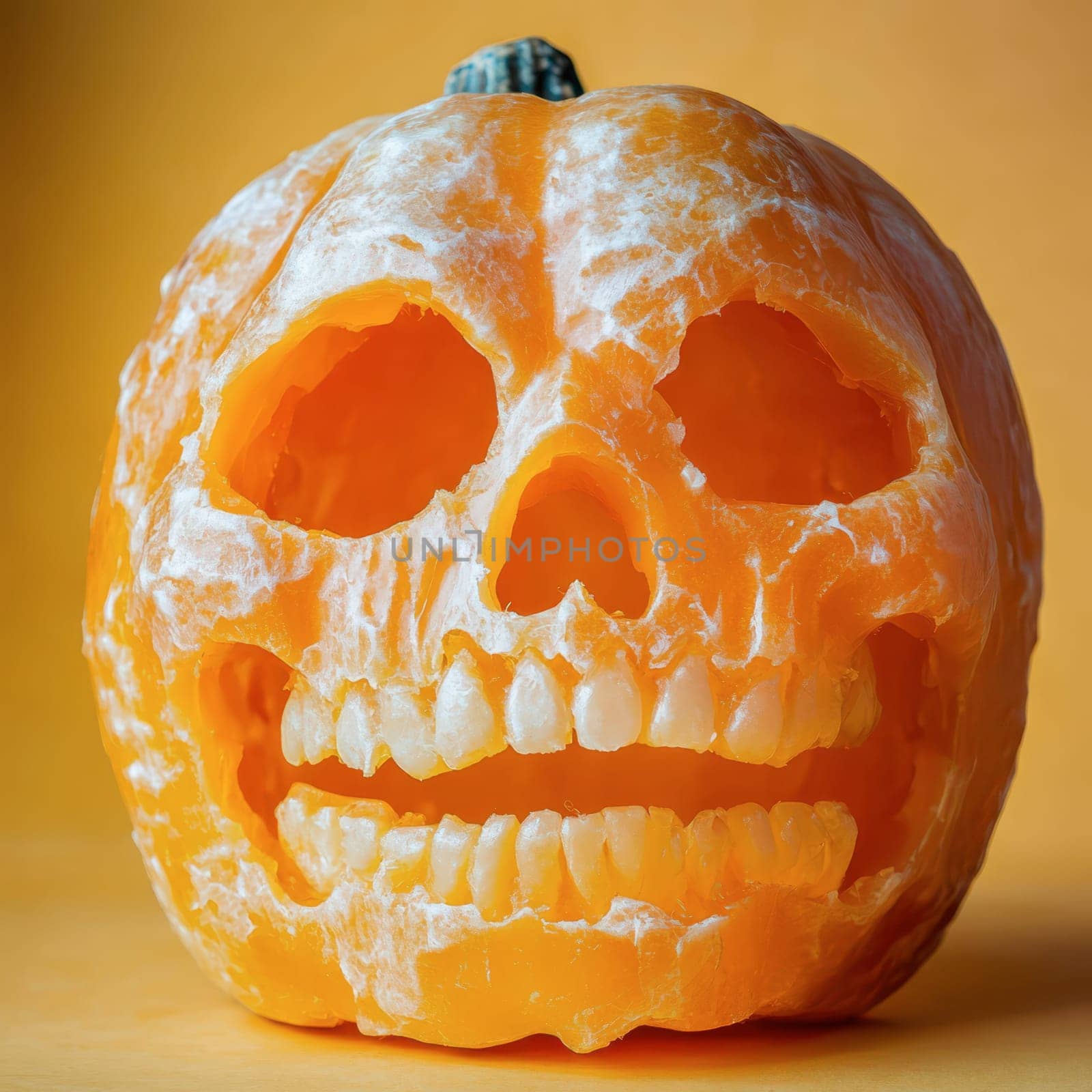 A striking pumpkin carved into a skull design showcases intricate details. It features hollowed eyes and grinning teeth, making it an eye-catching Halloween decoration.