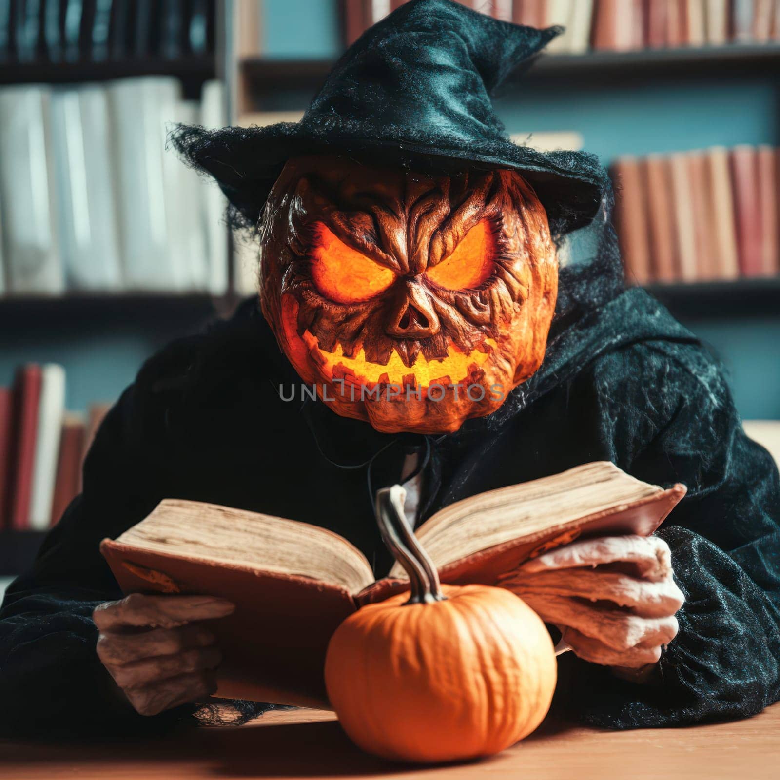 In a dimly lit library, a witch with a carved pumpkin head reads intently from an ancient book, surrounded by shelves lined with books and a small pumpkin at the side.