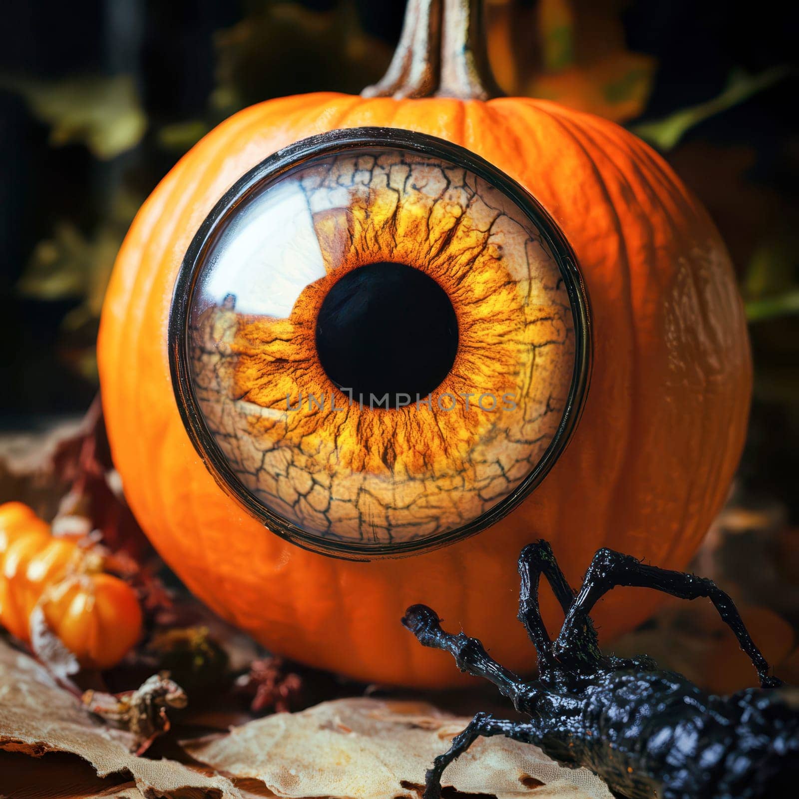 A creatively carved pumpkin features a large eye design, showcasing vibrant orange and black colors. Situated among fallen leaves and small pumpkins, it adds a whimsical touch for autumn celebrations.