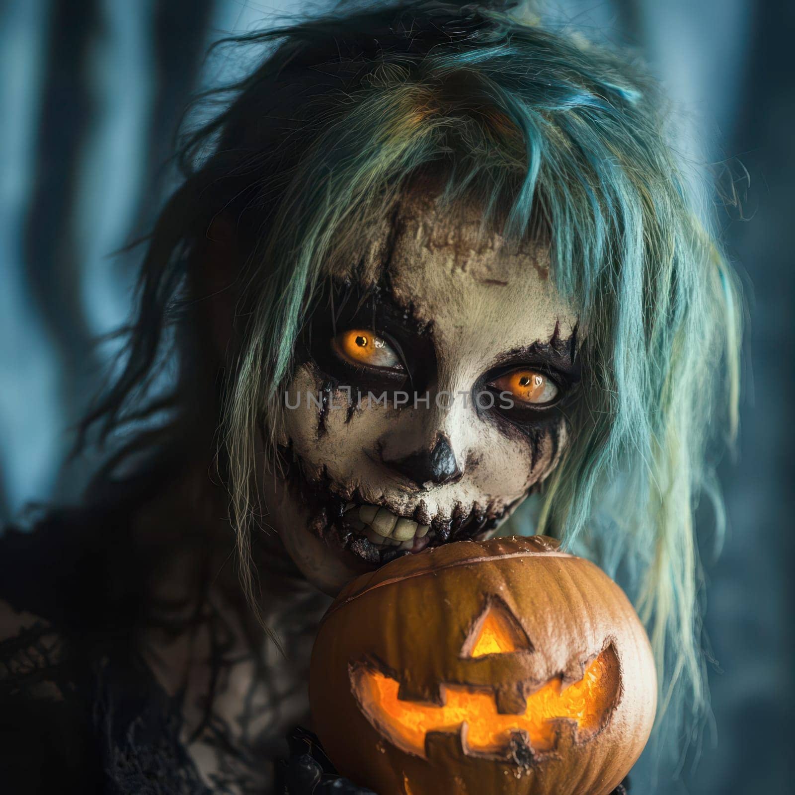 A eerie character with skull-like makeup holds a carved pumpkin, its eyes glowing ominously. The backdrop adds to the Halloween atmosphere, enhancing the chilling vibe.