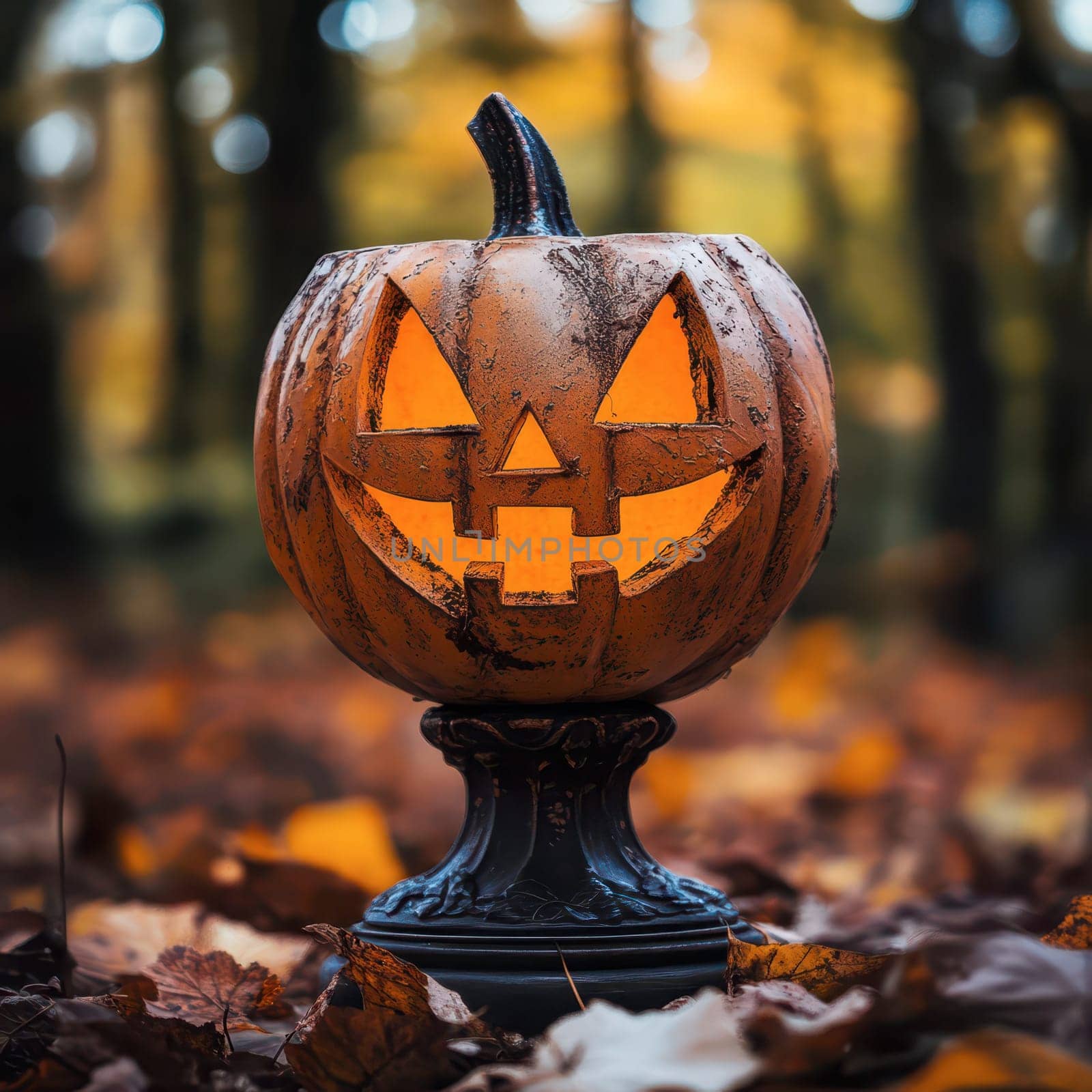 A carved pumpkin with a cheerful face glows warmly on a pedestal amidst fallen autumn leaves, creating a festive atmosphere in a wooded setting during the fall season.