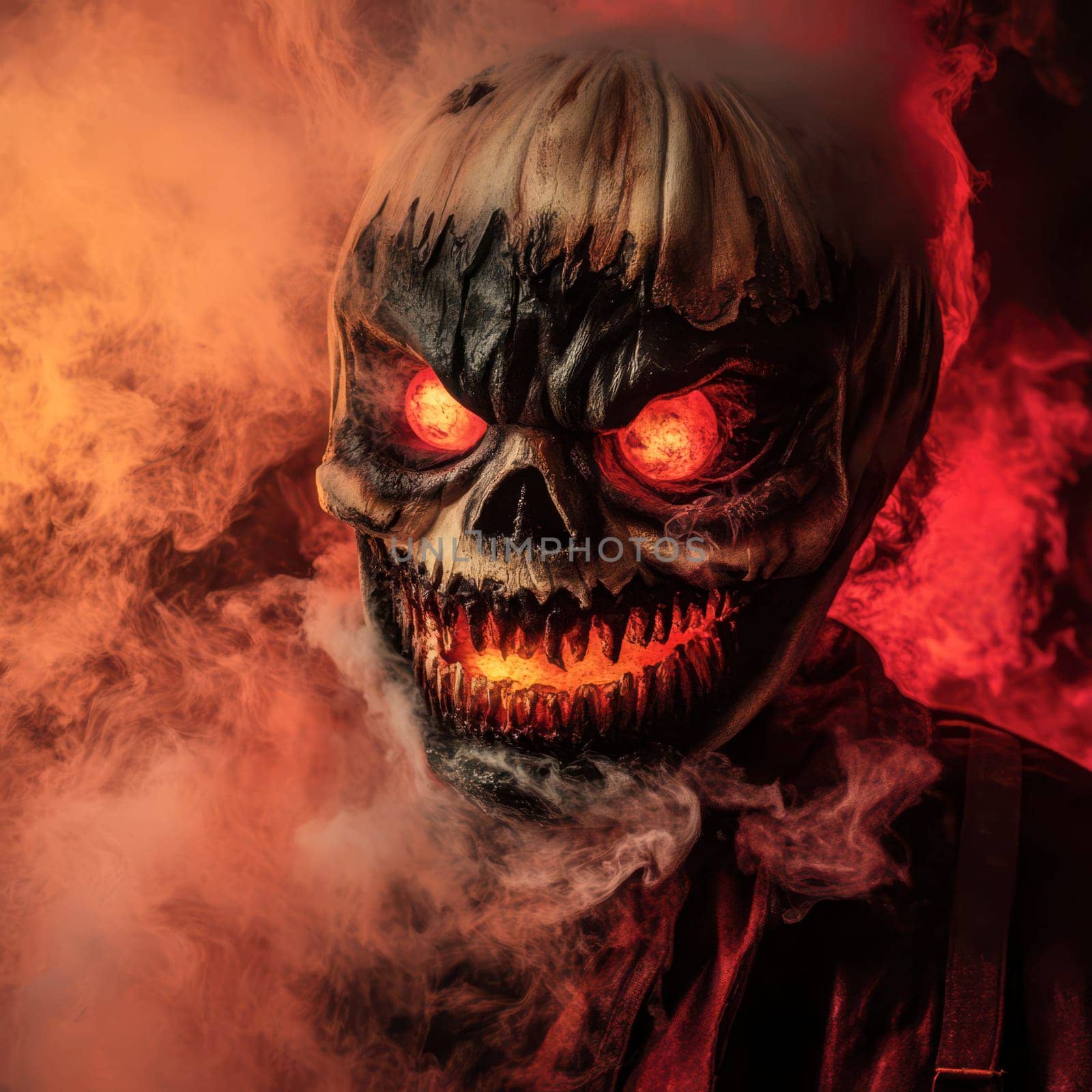 A terrifying skull mask with glowing eyes and menacing features appears amidst swirling fog, creating an eerie atmosphere perfect for Halloween festivities and spooky events.