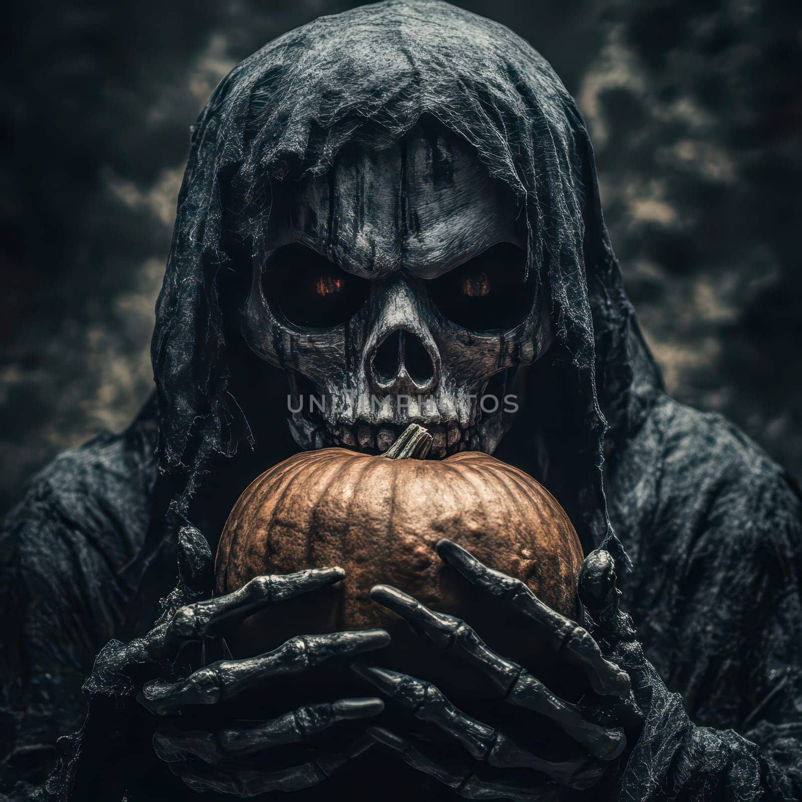 A cloaked figure with a skull-like face grips a carved pumpkin tightly in a dimly lit, eerie environment, capturing the essence of Halloween and autumn festivities.