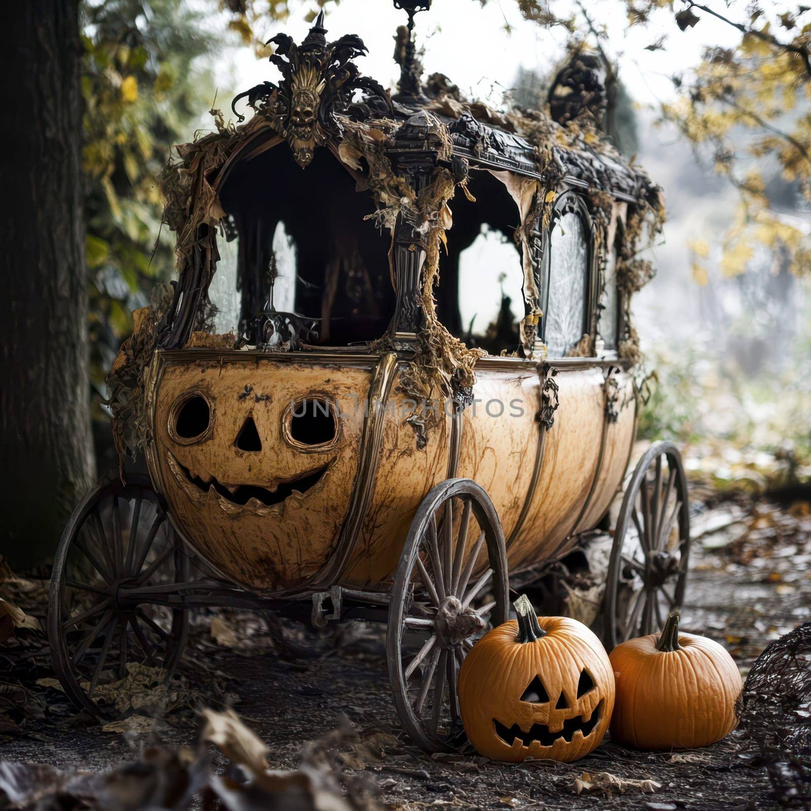 A whimsical pumpkin carriage sits beneath rustling leaves, surrounded by carved pumpkins with spooky faces. The eerie atmosphere captures the essence of Halloween festivities in nature.