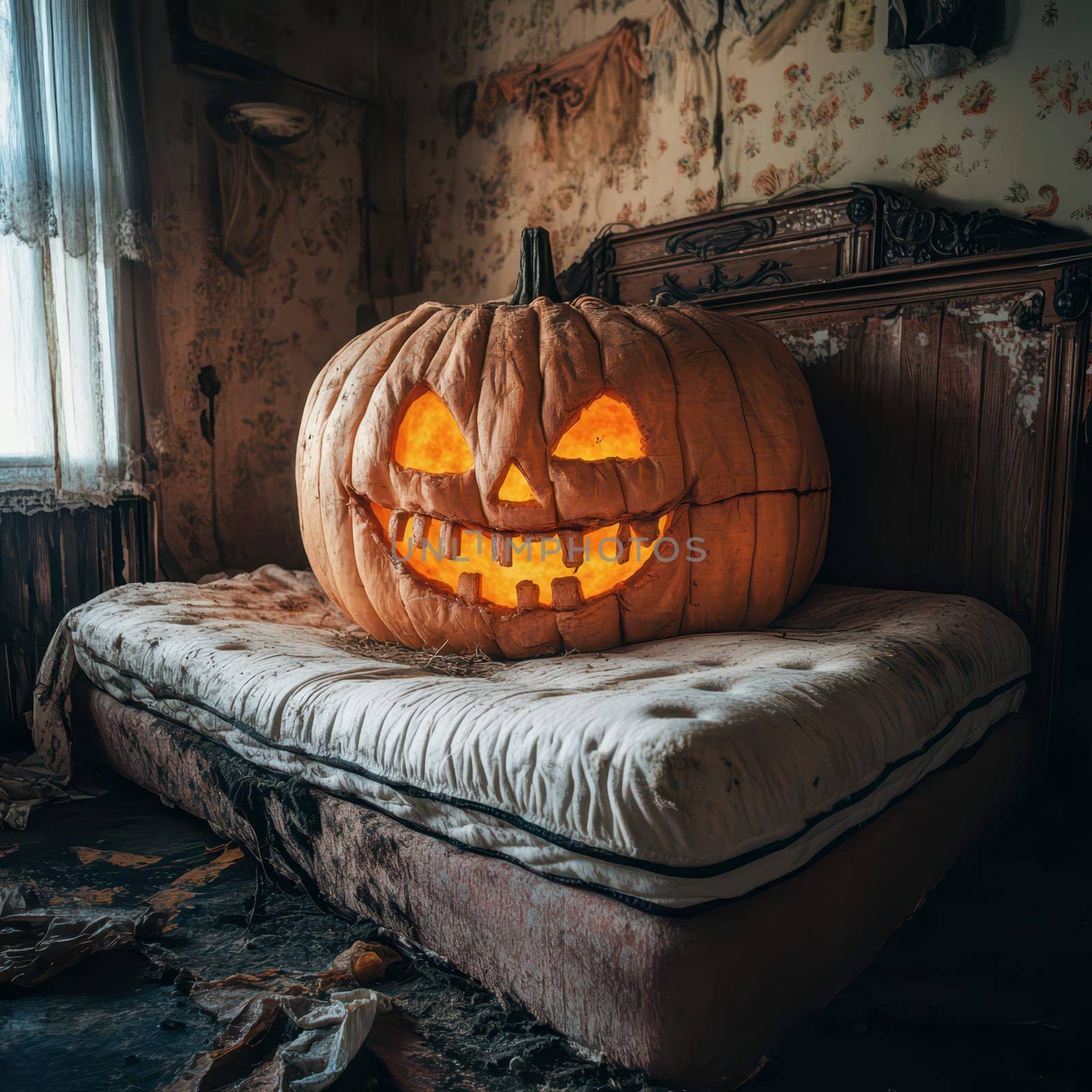 A large, carved pumpkin with a mischievous grin glows softly in an eerie, abandoned room. Dusty furniture and forlorn decor create a haunting atmosphere, enhancing the Halloween spirit.