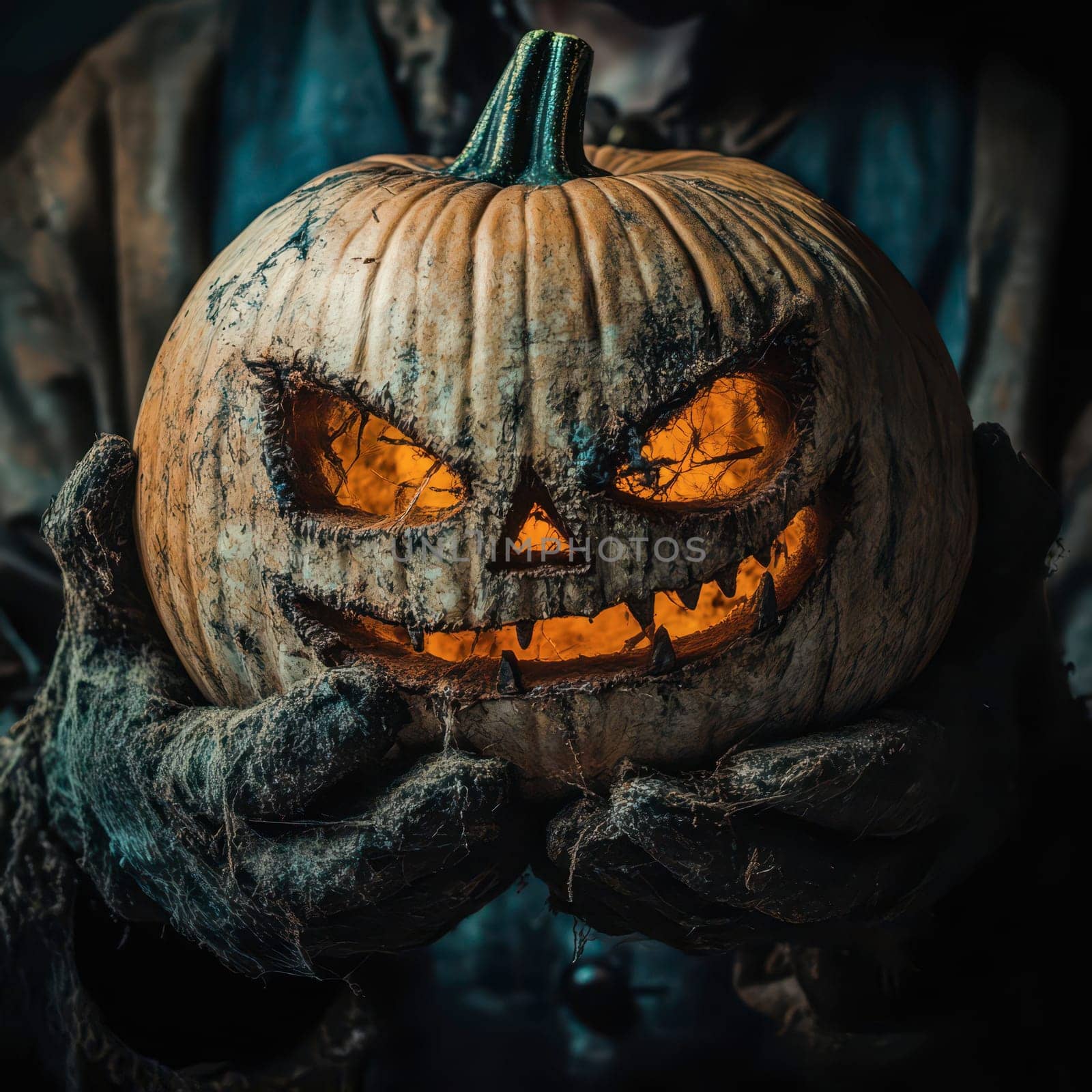 A weathered pumpkin with a menacing grin is illuminated from within, held by a figure with tattered clothing, creating an eerie atmosphere perfect for Halloween celebrations.