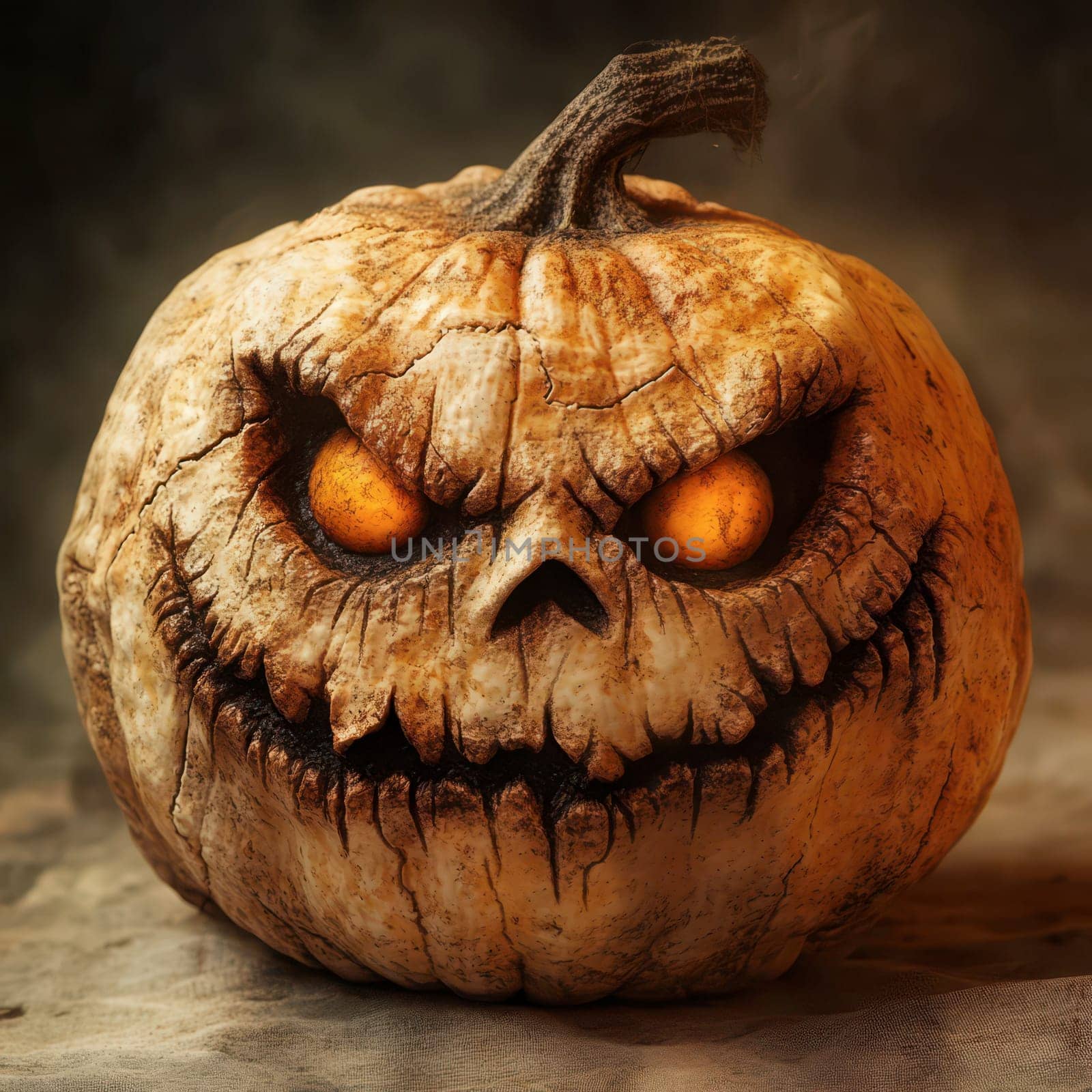 A menacing jack-o-lantern features deep-set eyes that glow ominously. Its carved face displays a wicked grin, perfect for a Halloween setting. The atmosphere is eerie and festive.