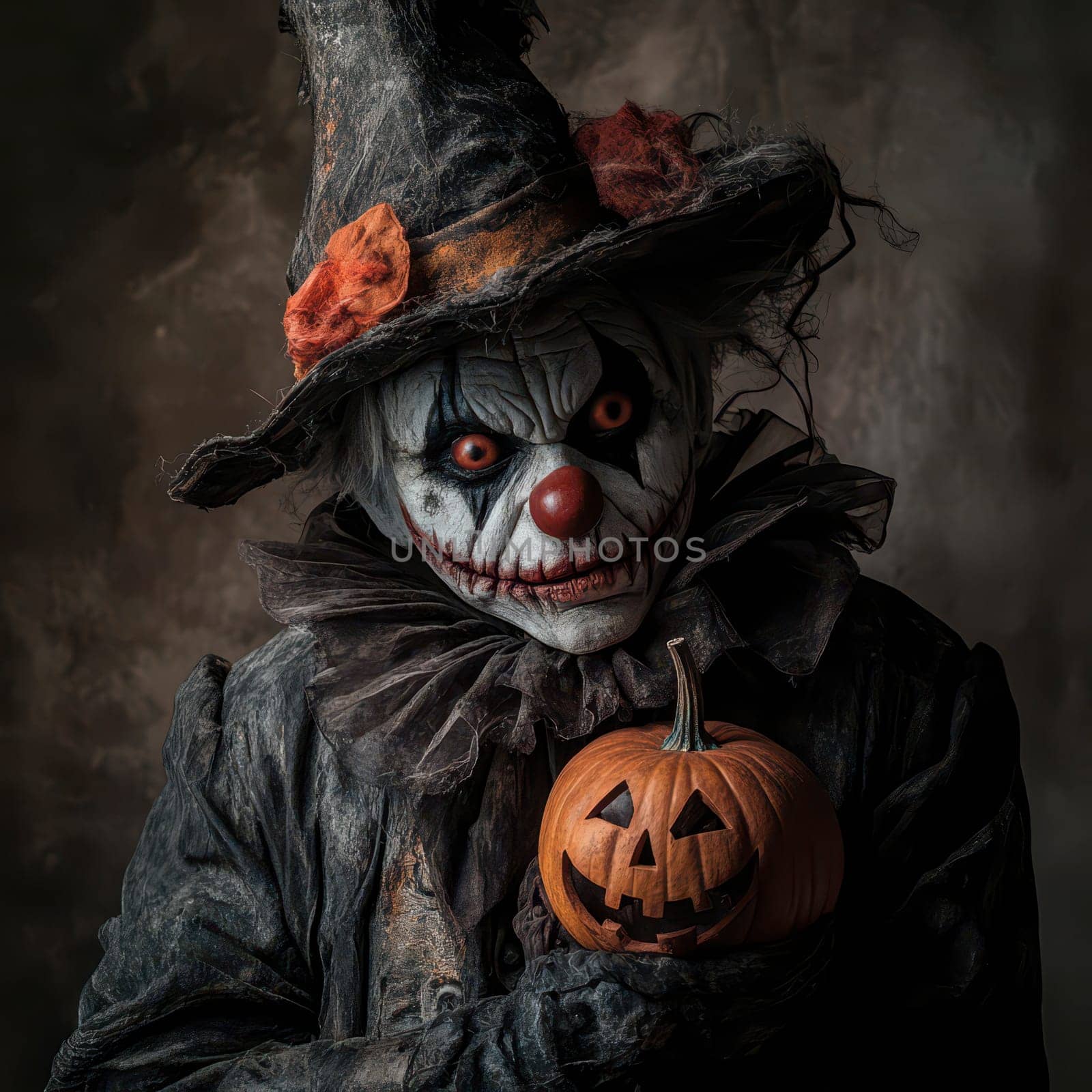 A frightening clown with exaggerated facial features and a tattered outfit stands in a dark space, clutching a jack-o-lantern. The eerie atmosphere enhances the Halloween theme.