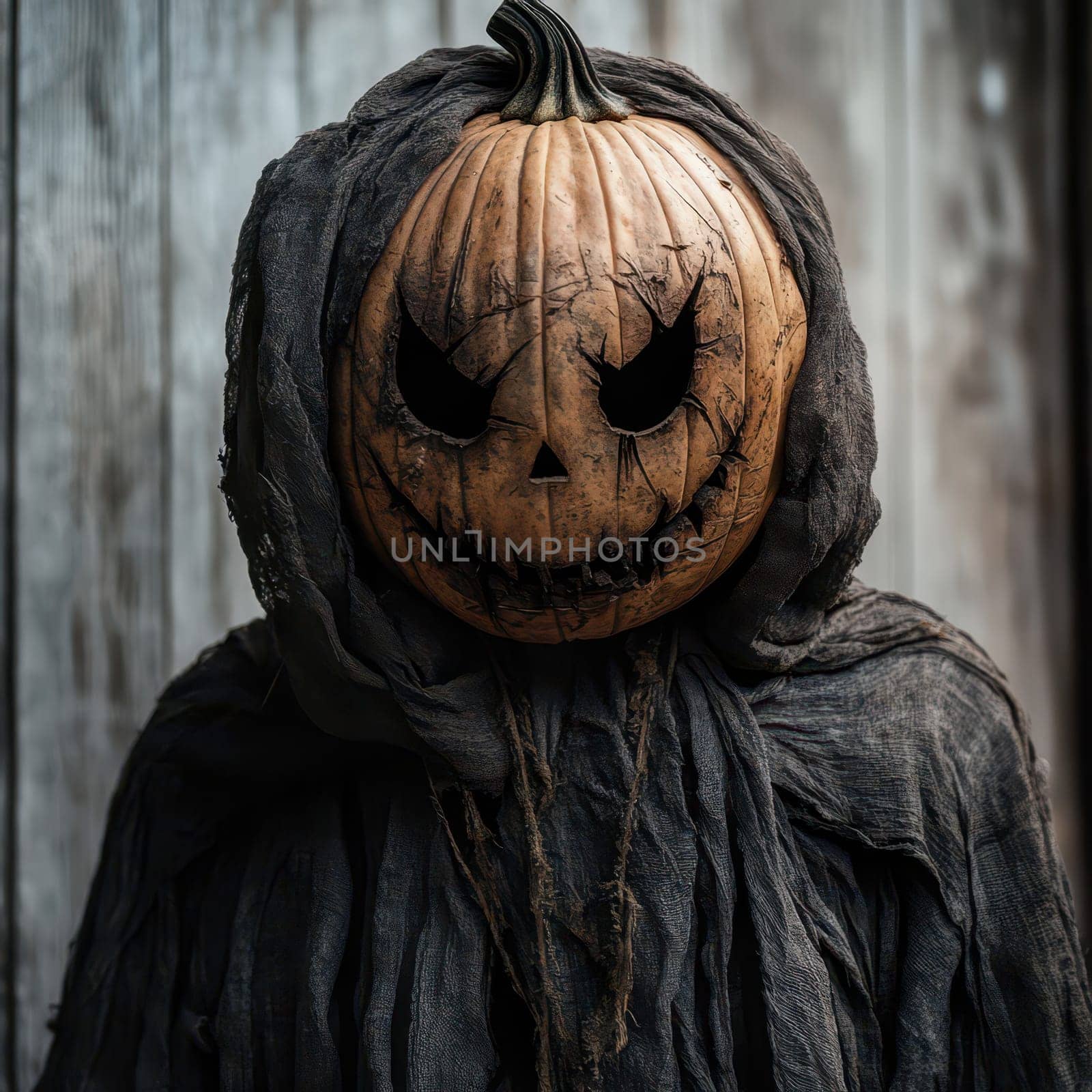 A hooded figure stands silently, wearing a carved pumpkin as a mask. The dim lighting adds an eerie atmosphere, perfect for the Halloween season. Shadows create a haunting mood.