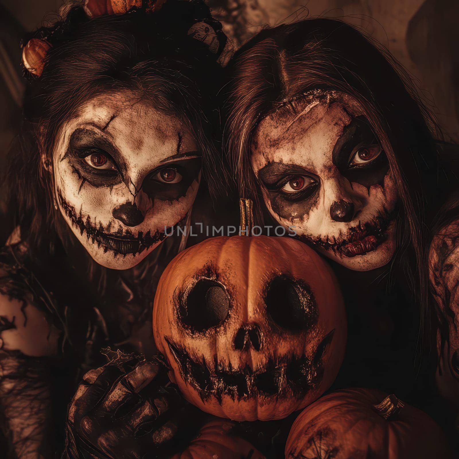 Two friends are dressed in elaborate Halloween makeup, featuring skull designs, while holding a carved pumpkin. The atmosphere is dark and spooky, enhancing the festive vibe.