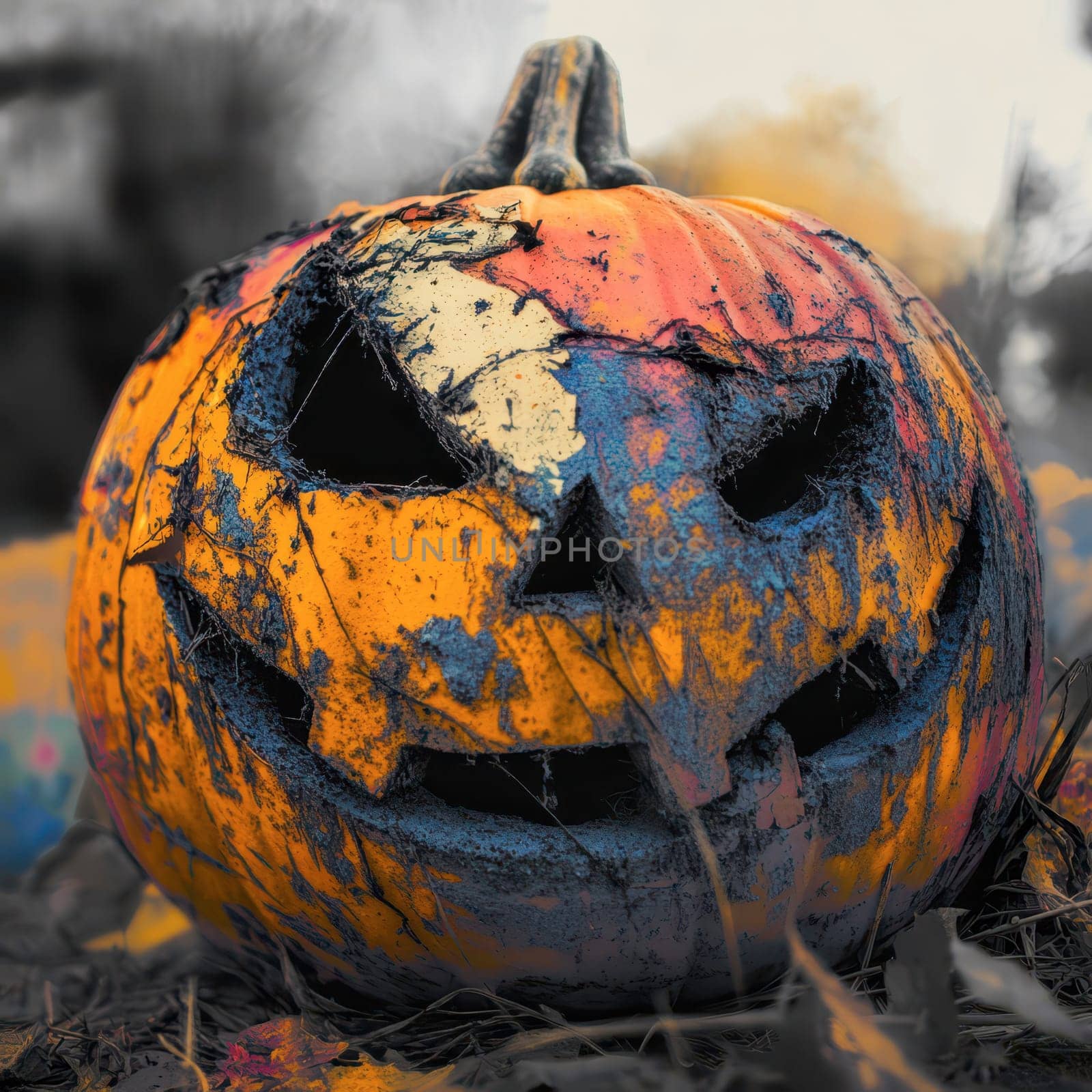 A weathered and colorful jack-o-lantern rests in a grassy area, showcasing a classic spooky expression as the autumn leaves surround it under a moody sky.