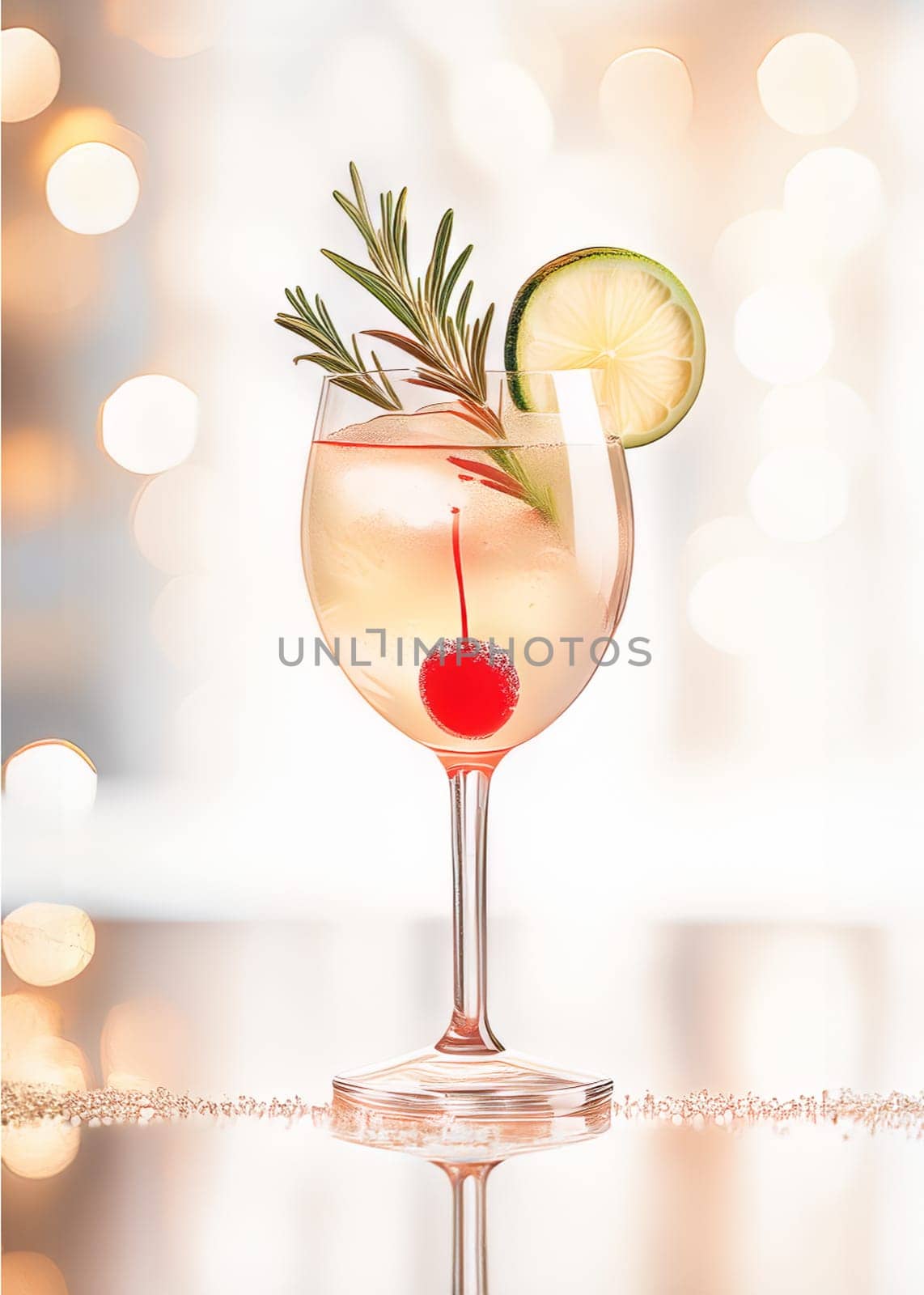 The image features a close-up of a festive beverage in a transparent glass, meticulously garnished and set against a warmly lit, sparkling background