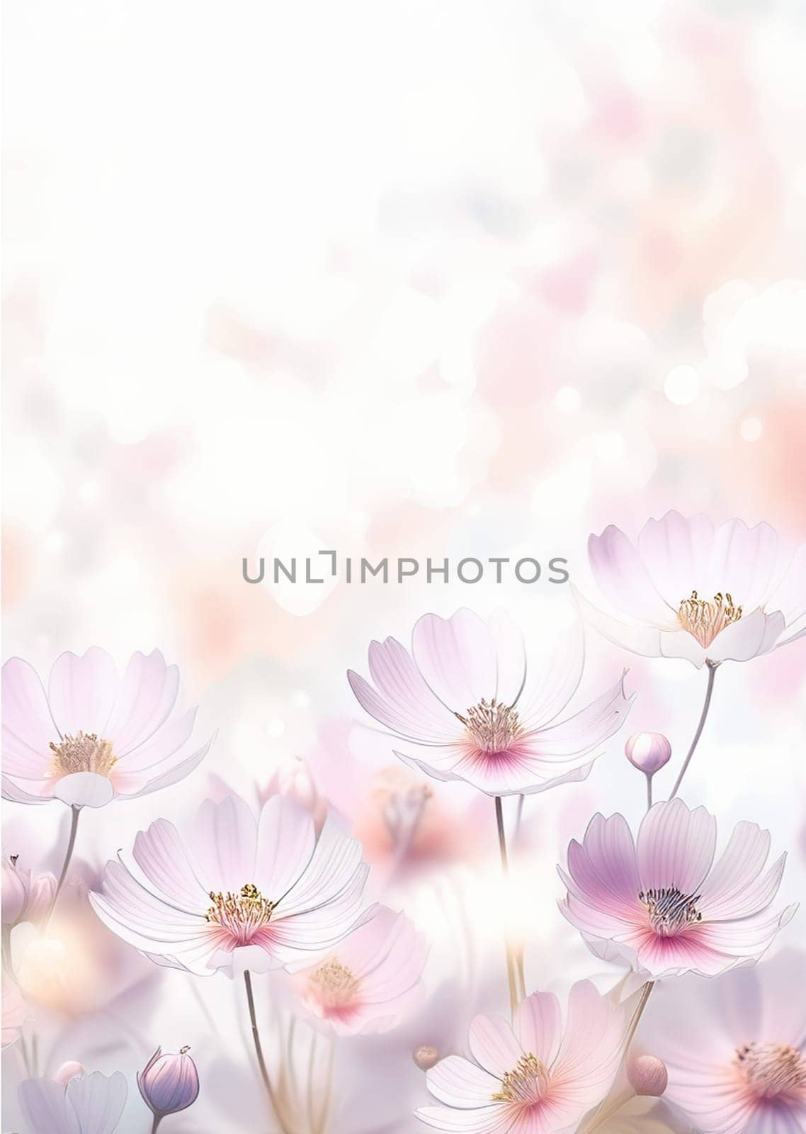 The image features an array of delicate flowers, predominantly in shades of soft pink and lavender, with a dreamy bokeh that enhances their ethereal appearance
