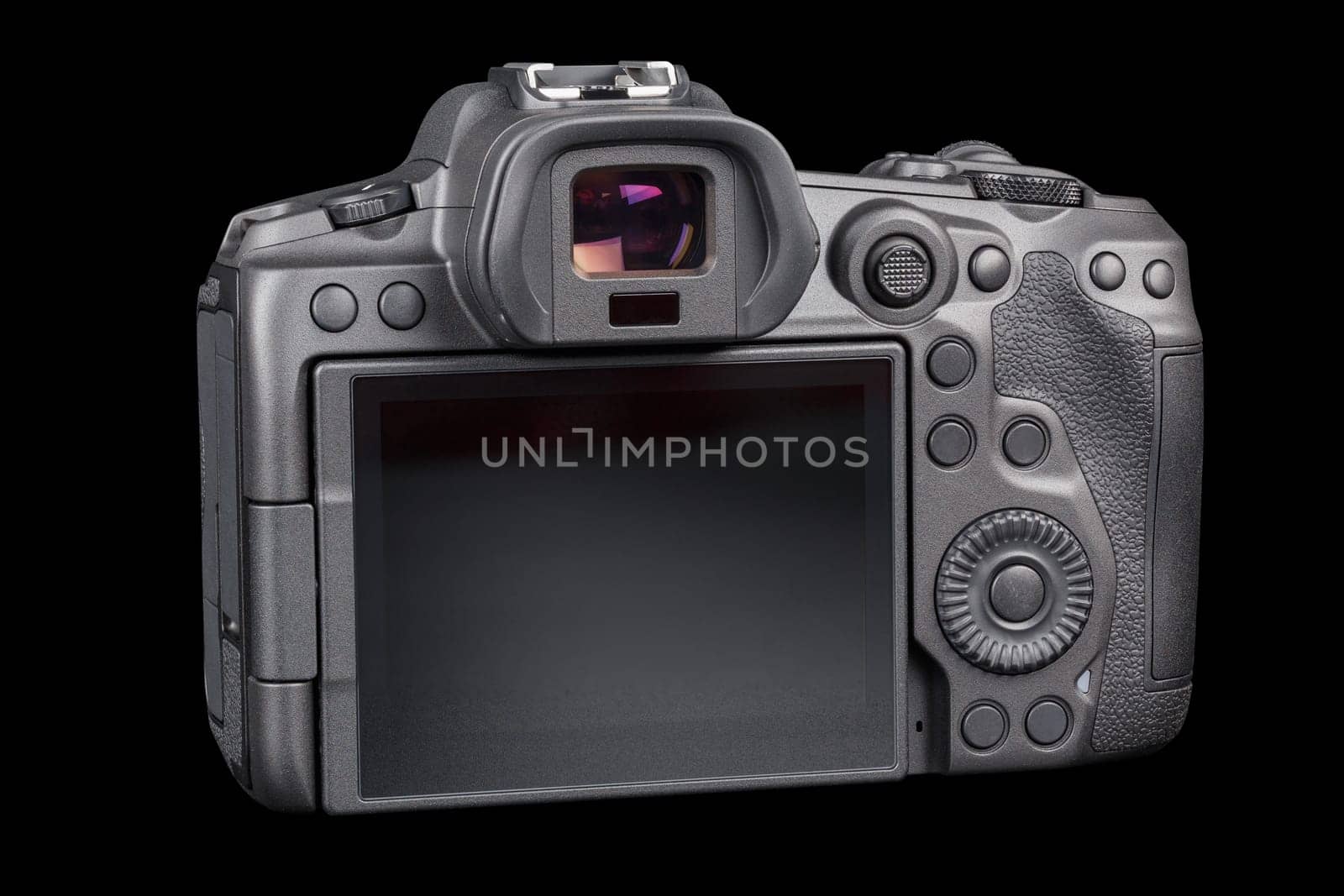 black 2020s professional 35mm full-frame mirrorless camera body with flip screen isolated on black background.