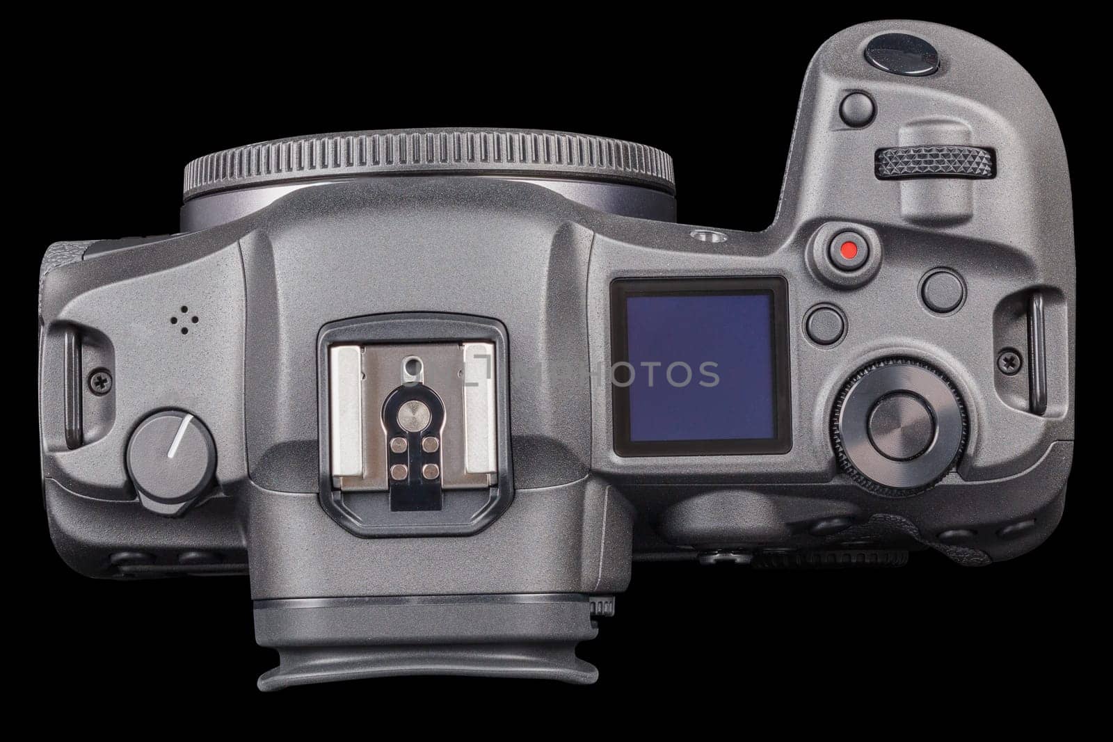 black 2020s professional 35mm full-frame mirrorless camera body with flip screen isolated on black background.