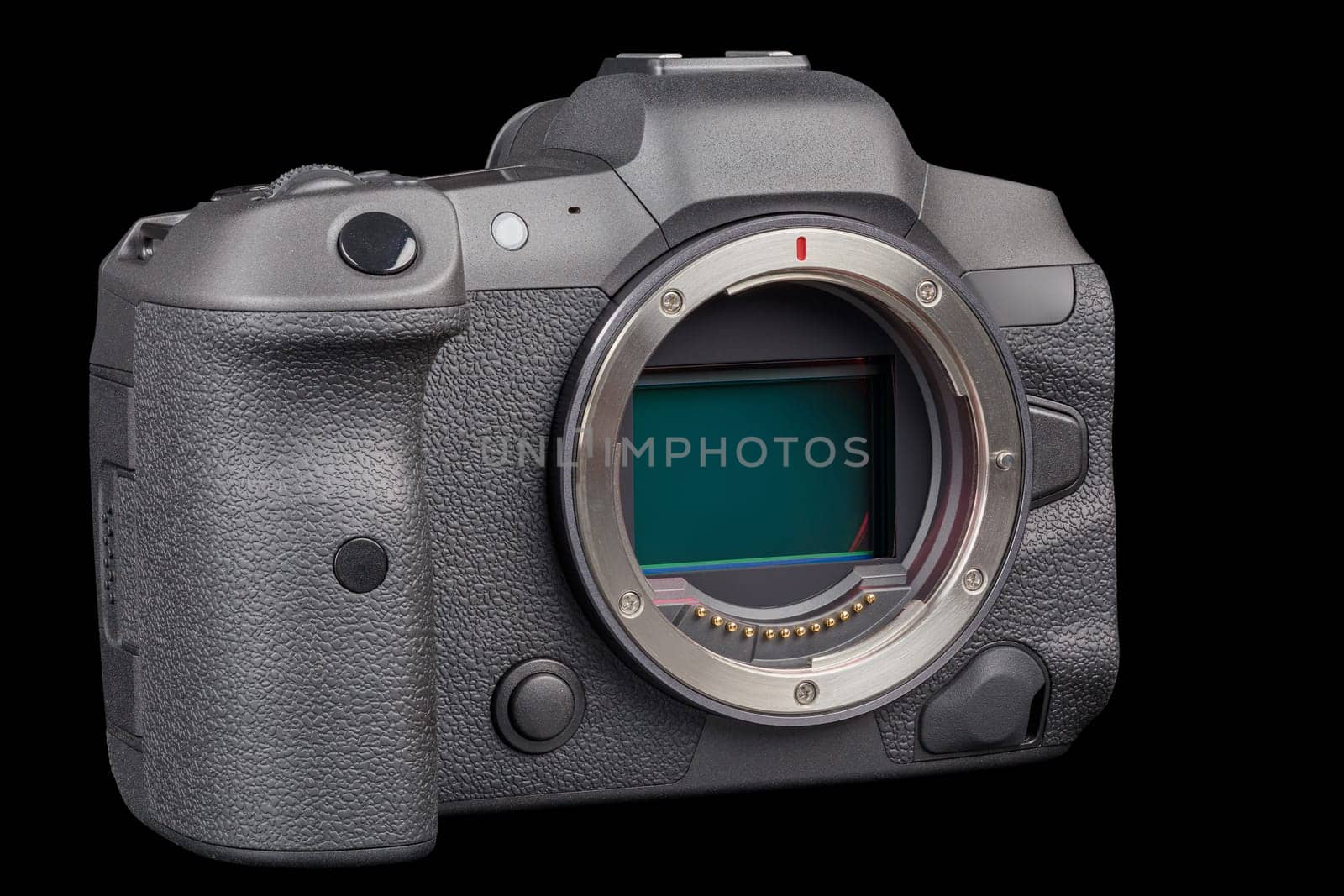 black 2020s professional 35mm full-frame mirrorless camera body with flip screen isolated on black background.