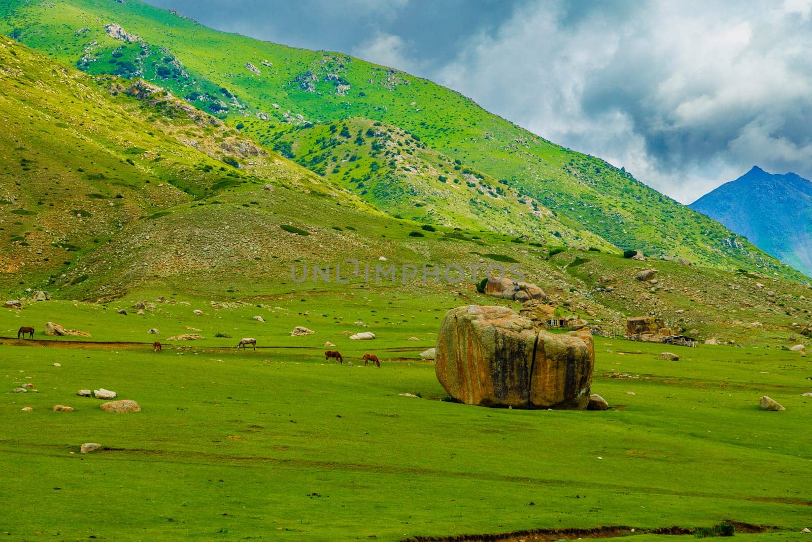 Kyrgyz Jayloo highland pasture with large rock cracked in half and few horses grazing under green hill slope at summer day.