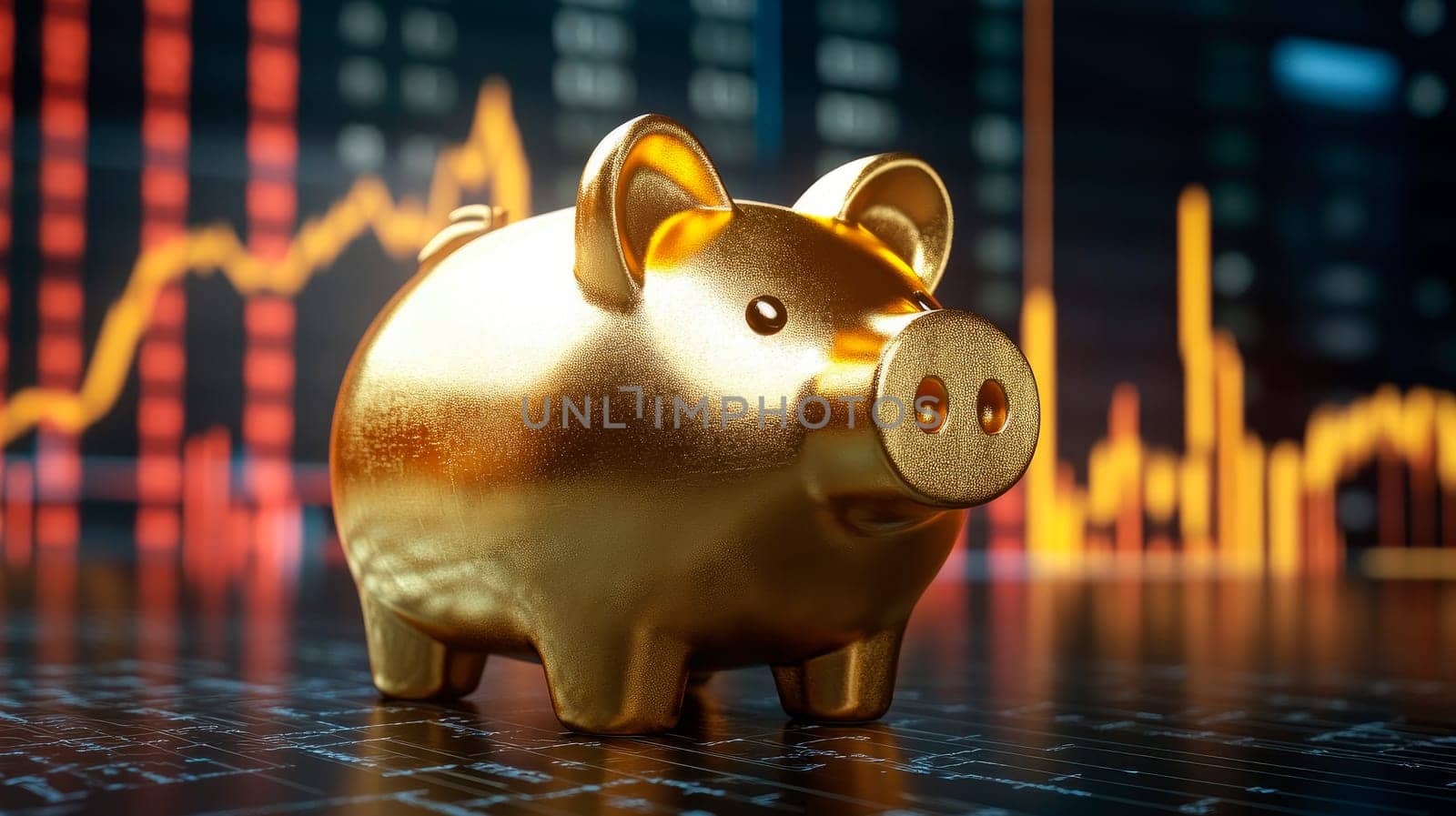 The concept of financial saving and investing. Golden piggy bank with  trading graph background. AI generated