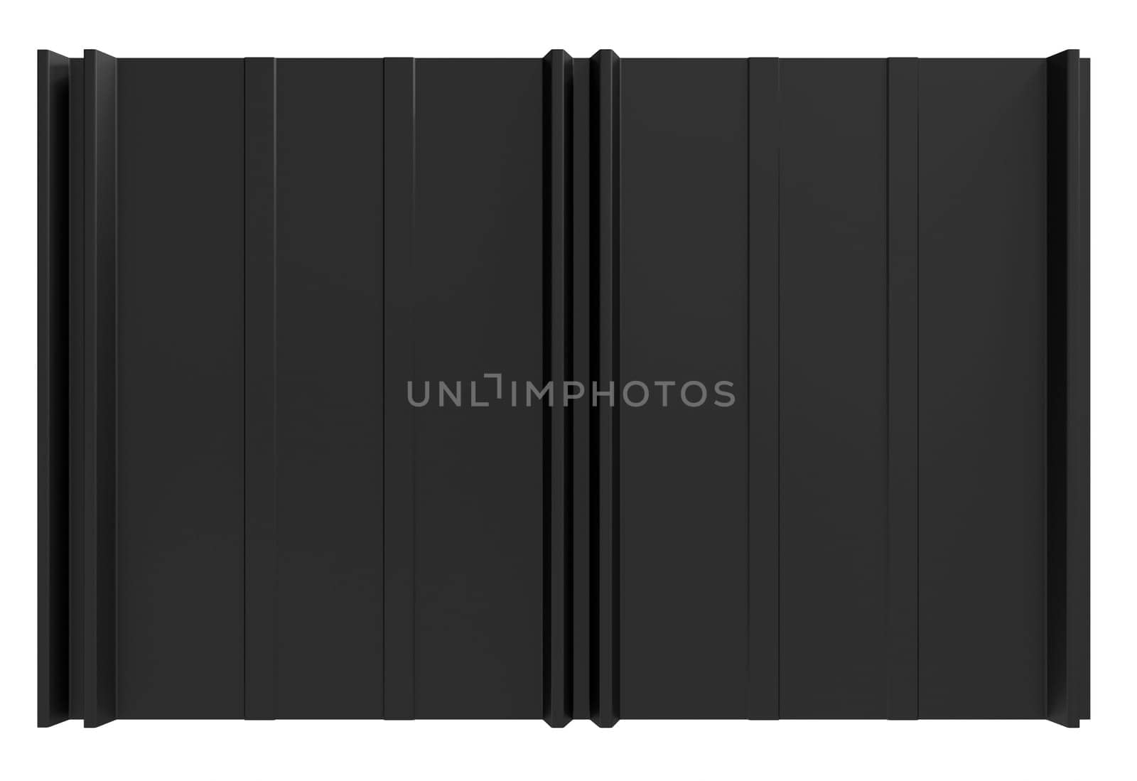 Sleek retro roof panel with standing seam and fasteners. Modern galvanized steel roofing sheet with ribs isolated on white background. Classic style black metal panel with rebate joint. Falz roofing