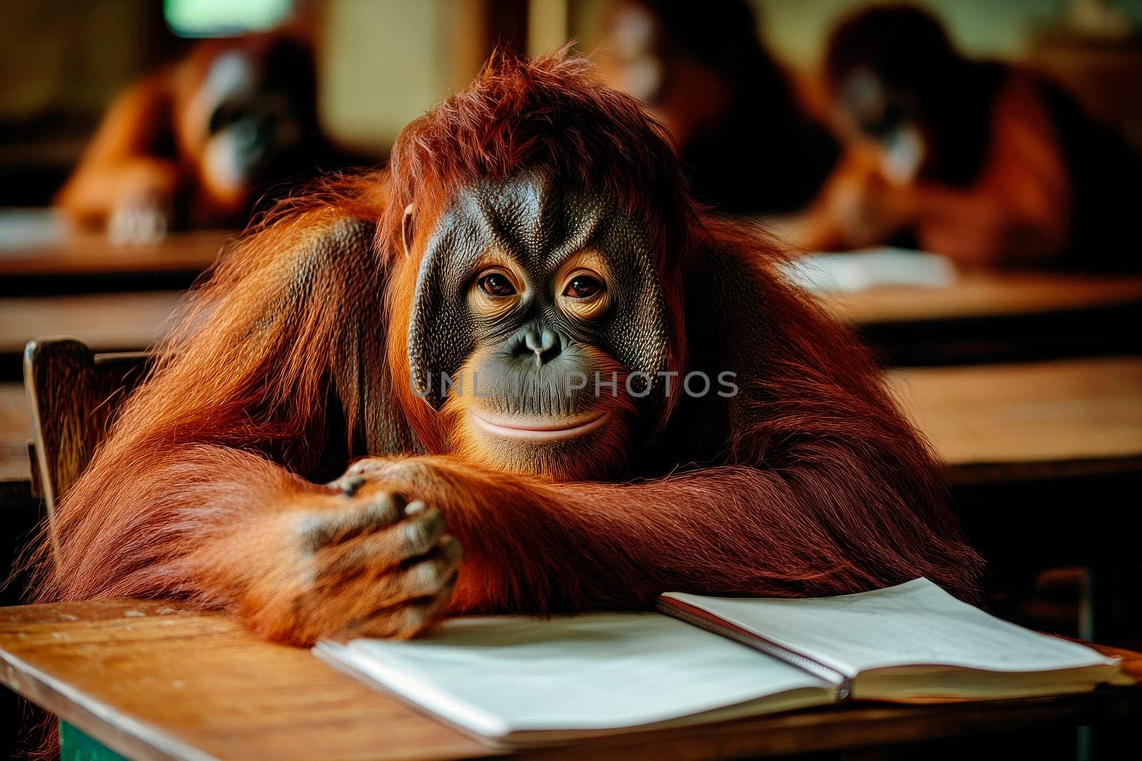 An orangutan in a school. Cute animals learning in a classroom.  AI generated