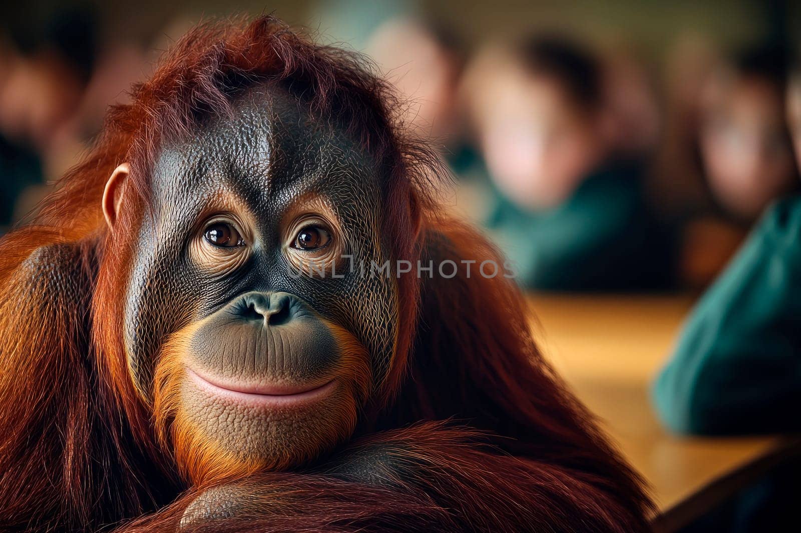 An orangutan  learning in a classroom together with a kids.  AI generated