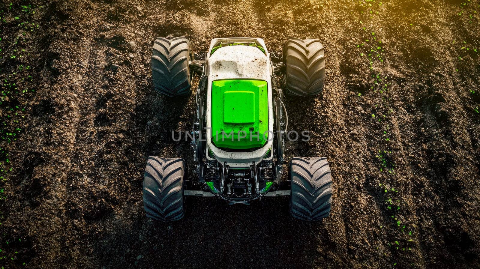 Top view of an agriculture robot vehicle in a field. AI generated