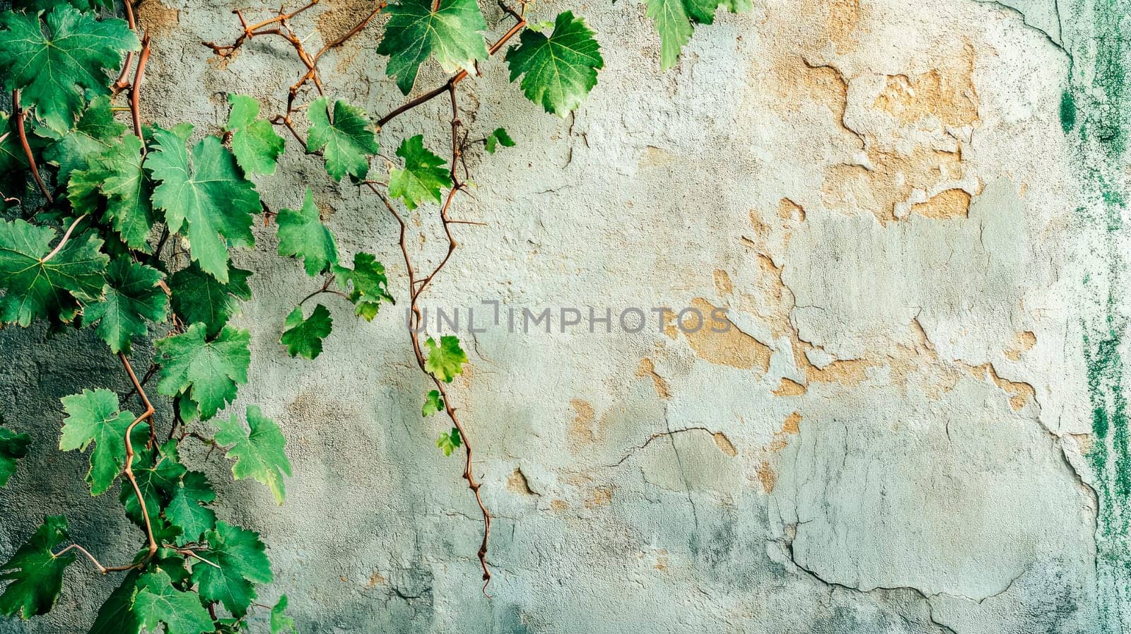 Old cracked wall with long grape vine coming from the ceiling. Copy space. AI generated