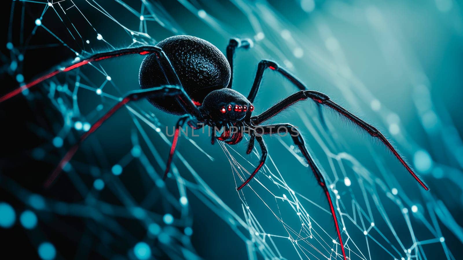 Black widow spider build web on blurry digital technology background. Concept of virus and malware.  AI generated