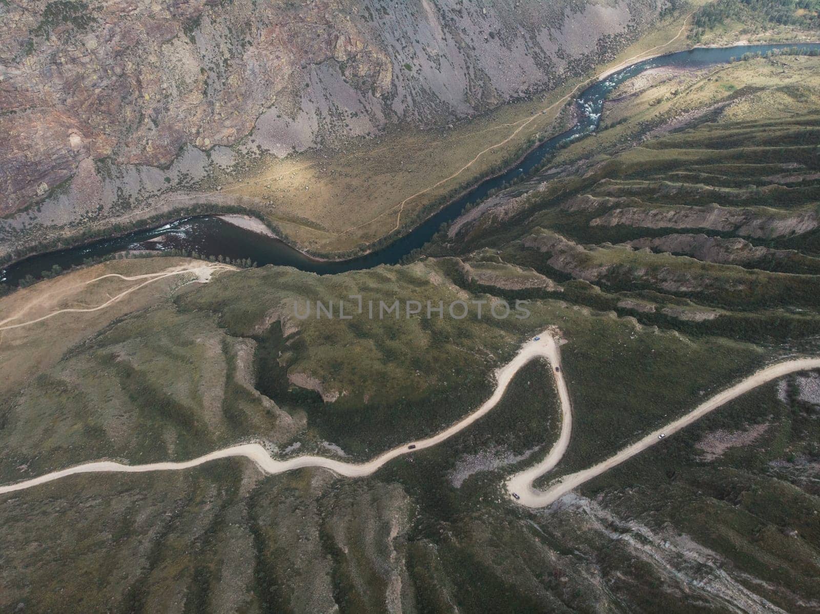Panorama of the Katu Yaryk mountain pass and the valley of the river of Chulyshman. Altai Republic, Russia, beautiful summer day