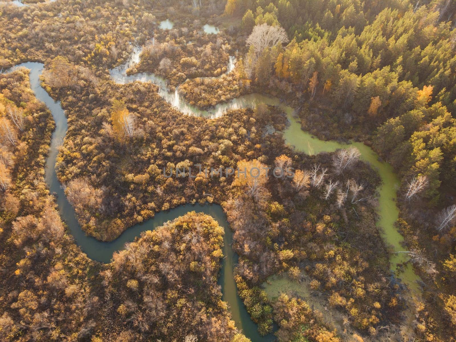Aerial drone view of autumn landscape with river.