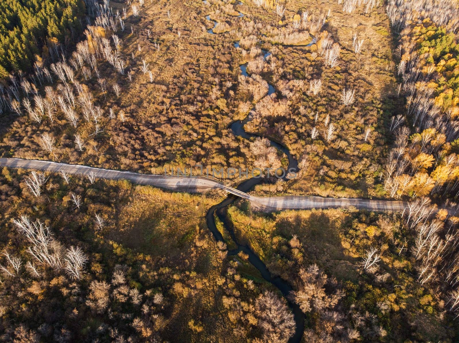 Aerial drone view of autumn landscape with river.