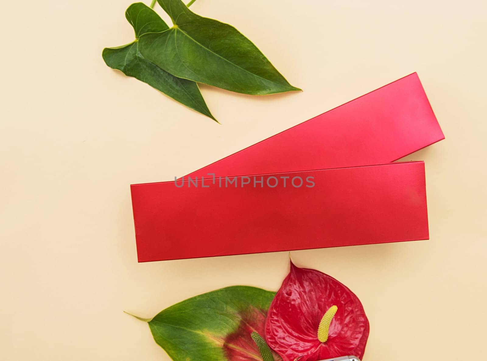 Makeup cosmetic products on vivid color background, flat lay top view.