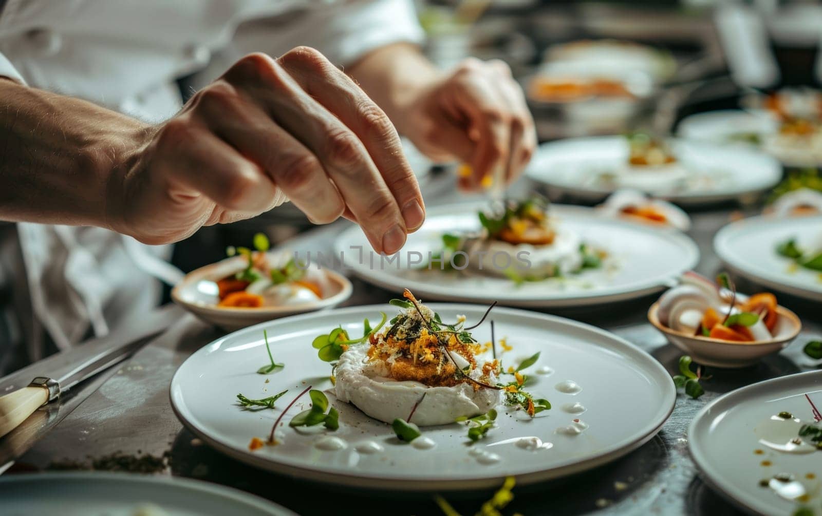 A chef's precise hands adorn a starter dish with fresh herbs in the dynamic setting of a high-end restaurant kitchen