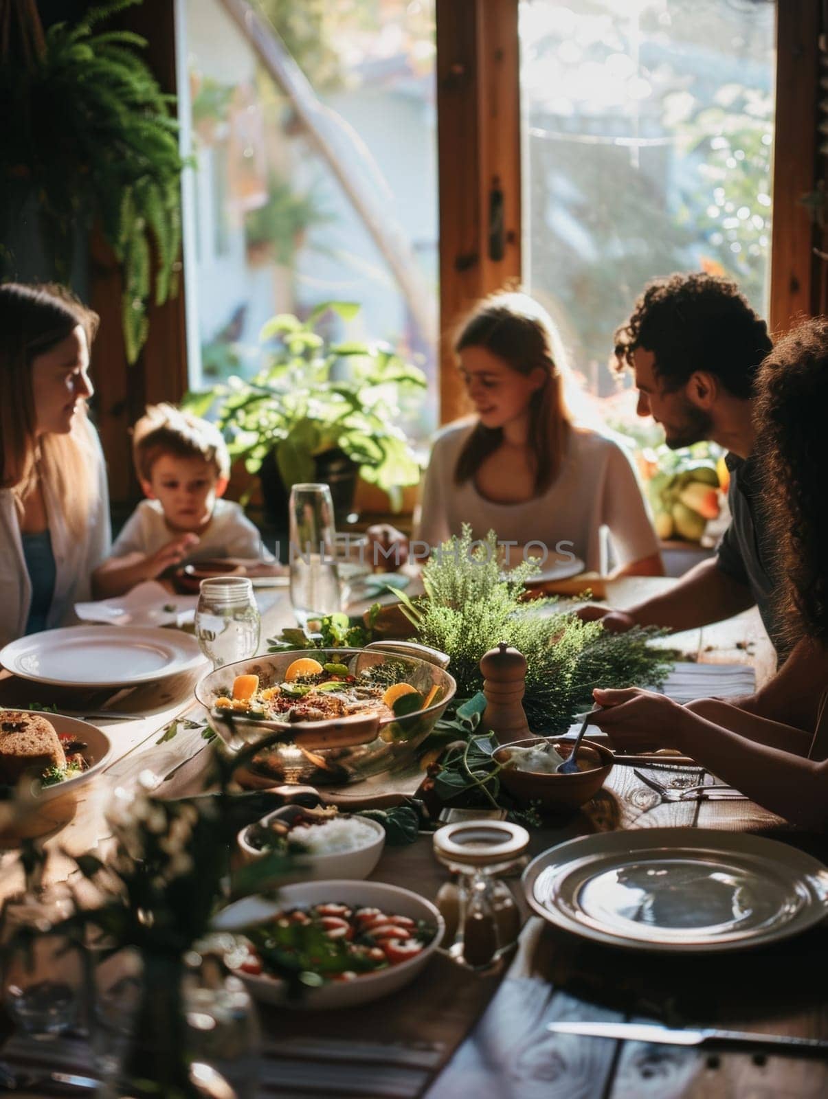 A warm, sun-drenched dining setting with a family enjoying a wholesome meal surrounded by lush indoor plants, creating an inviting, serene atmosphere