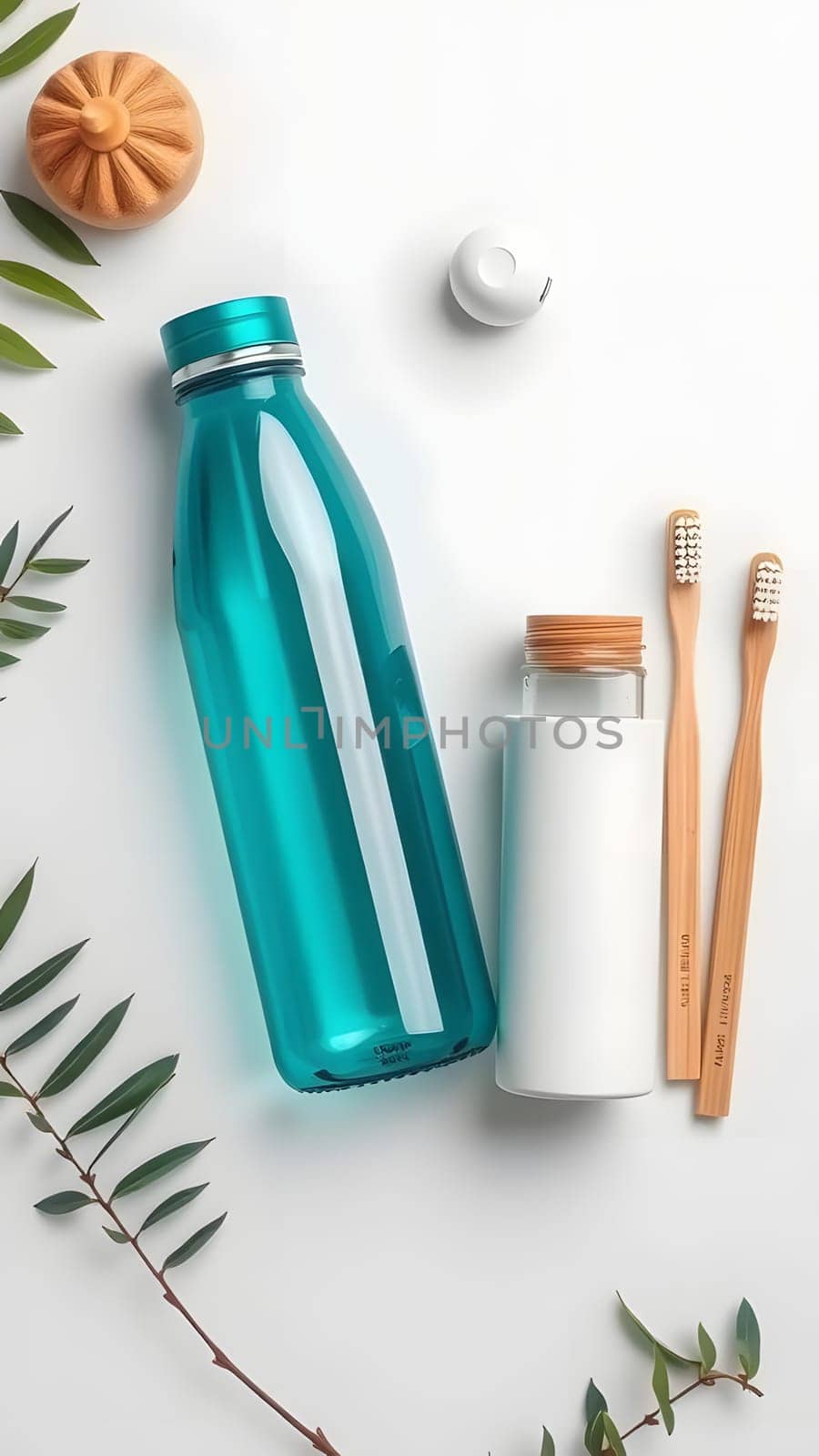 A collection of eco-friendly bathroom essentials includes a vibrant reusable water bottle, a minimalist container, and bamboo toothbrushes arranged on a clean surface with greenery.