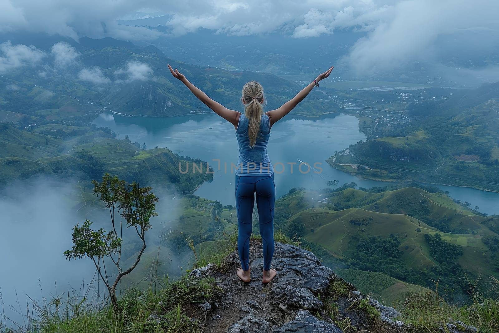 Woman on top of a mountain with arms raised embracing the stunning view of a river valley and misty mountains. Concept of success, achievement, freedom, and adventure travel.