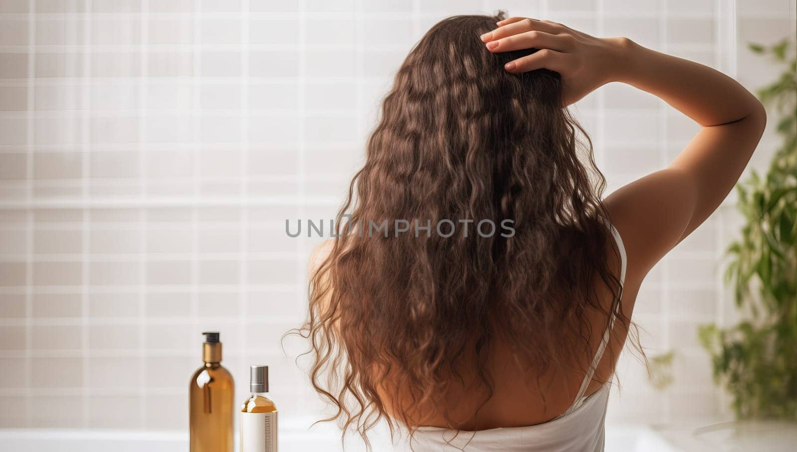 Back view of woman with long, wet, wavy hair applying hair oil after shower in bathroom. Concept of hair care routine, healthy hair, beauty treatment