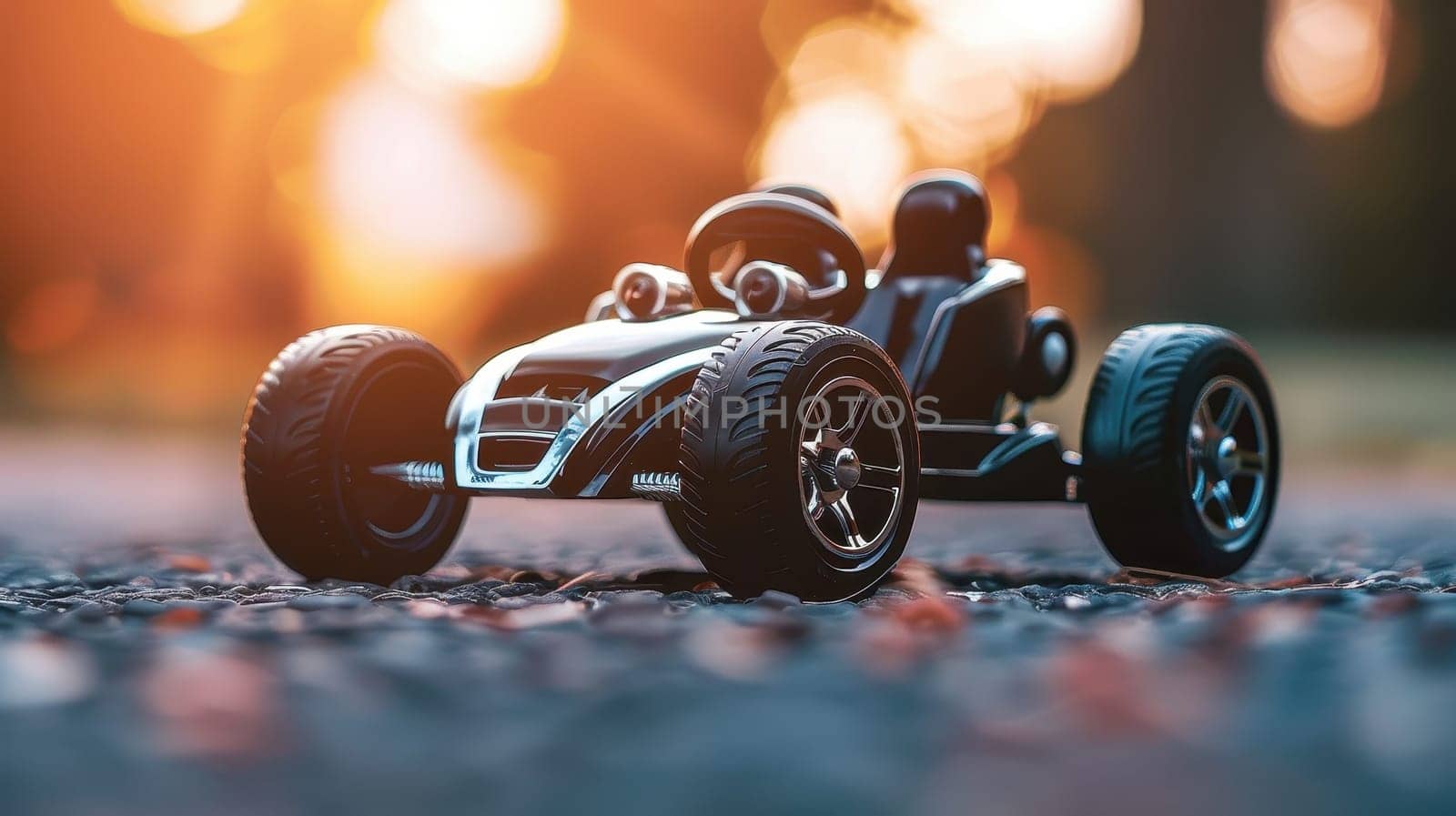 A toy racing car sits on a gravel road with a warm sunset in the background. Perfect for themes of childhood, fun, and play.