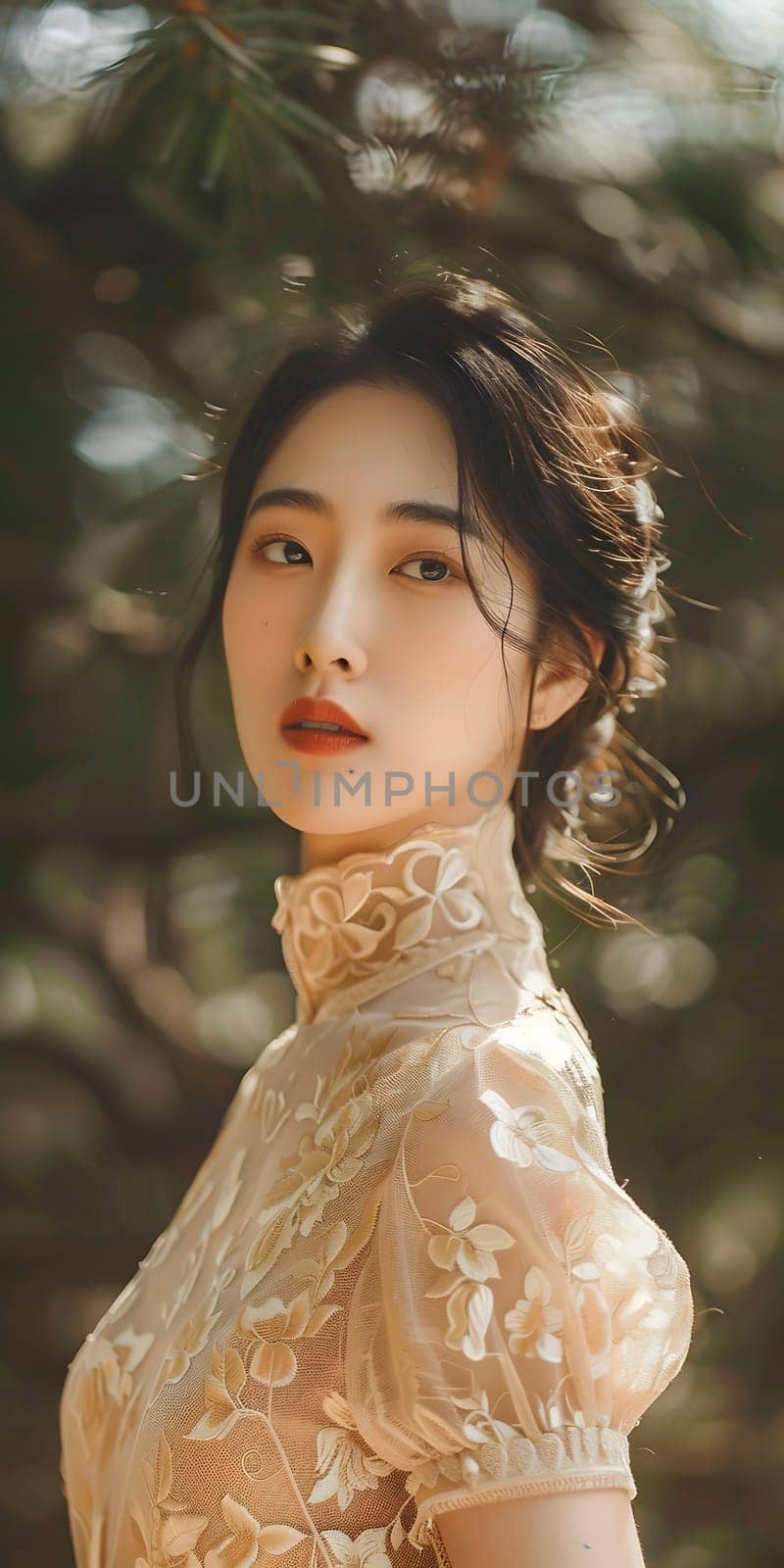 Beautiful Asian Woman In Beige Dress